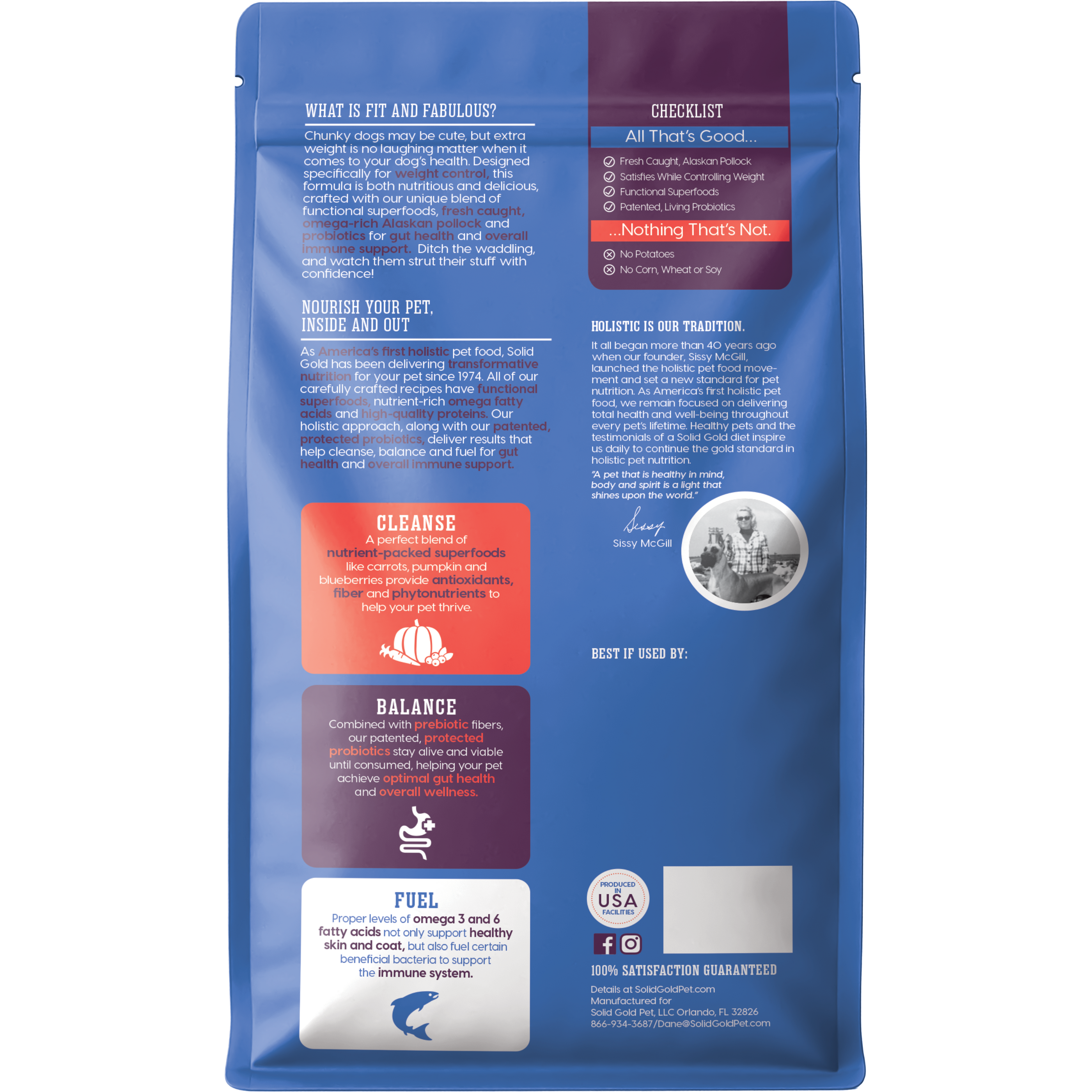 Back of blue dog food bag with product information, ingredient checklist, and nutritional benefit sections.