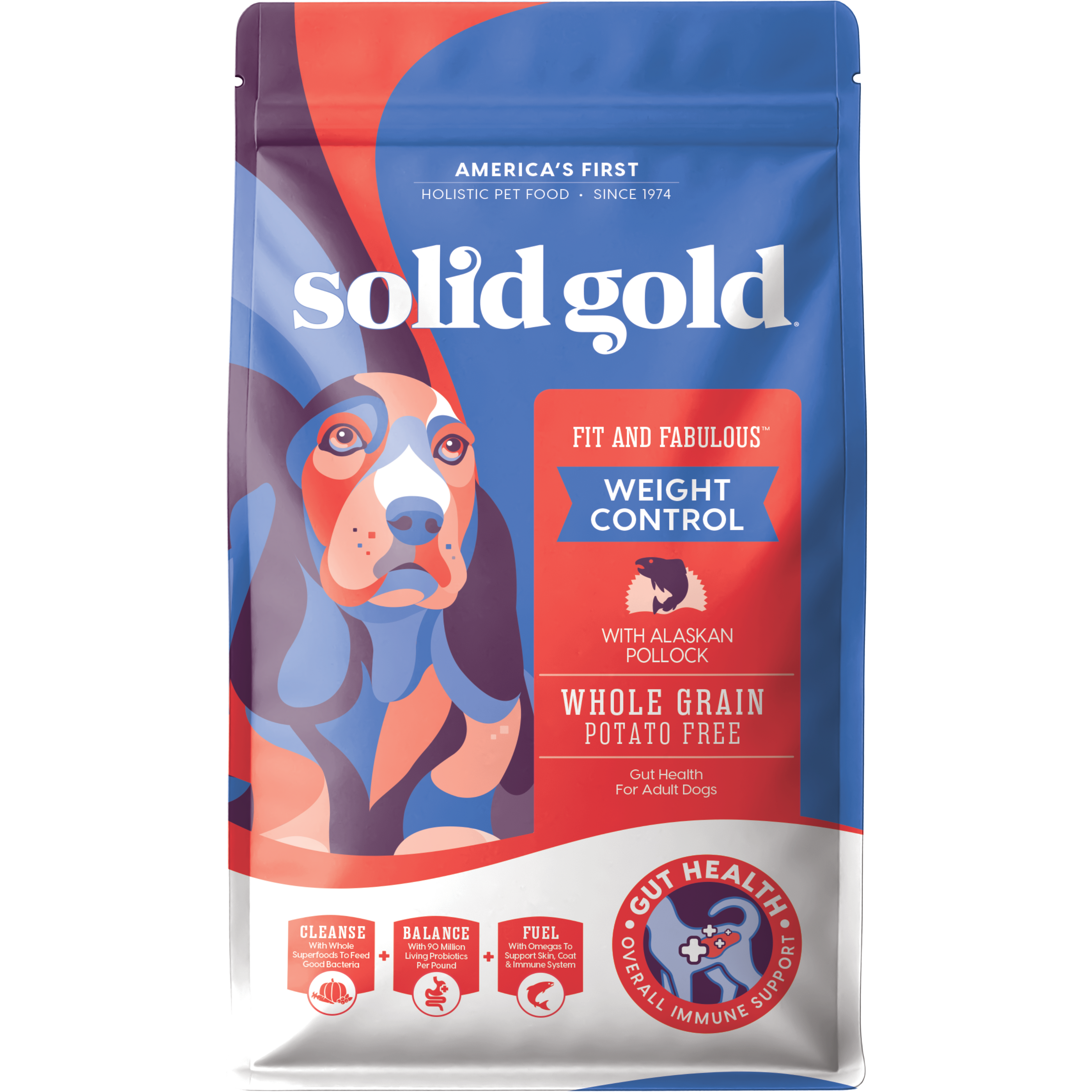 Solid Gold dog food bag in blue and coral with illustration of a dog, labeled "Fit and Fabulous Weight Control with Alaskan P