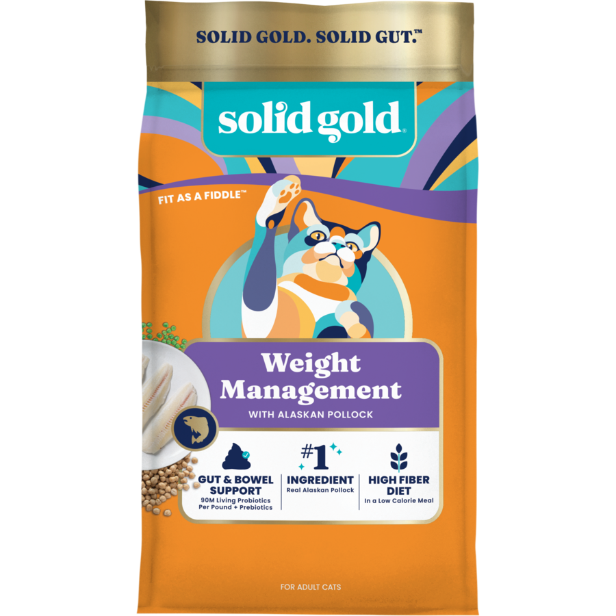 Dry cat food bag featuring Alaskan pollock, labeled for weight management and gut support, with colorful design elements.