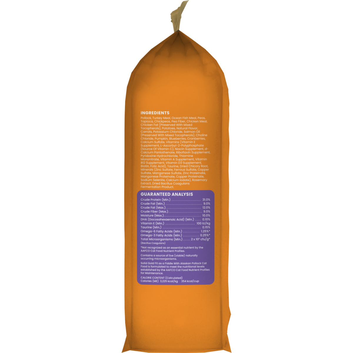 Dry cat food bag with orange packaging, listing ingredients and guaranteed analysis on the side.