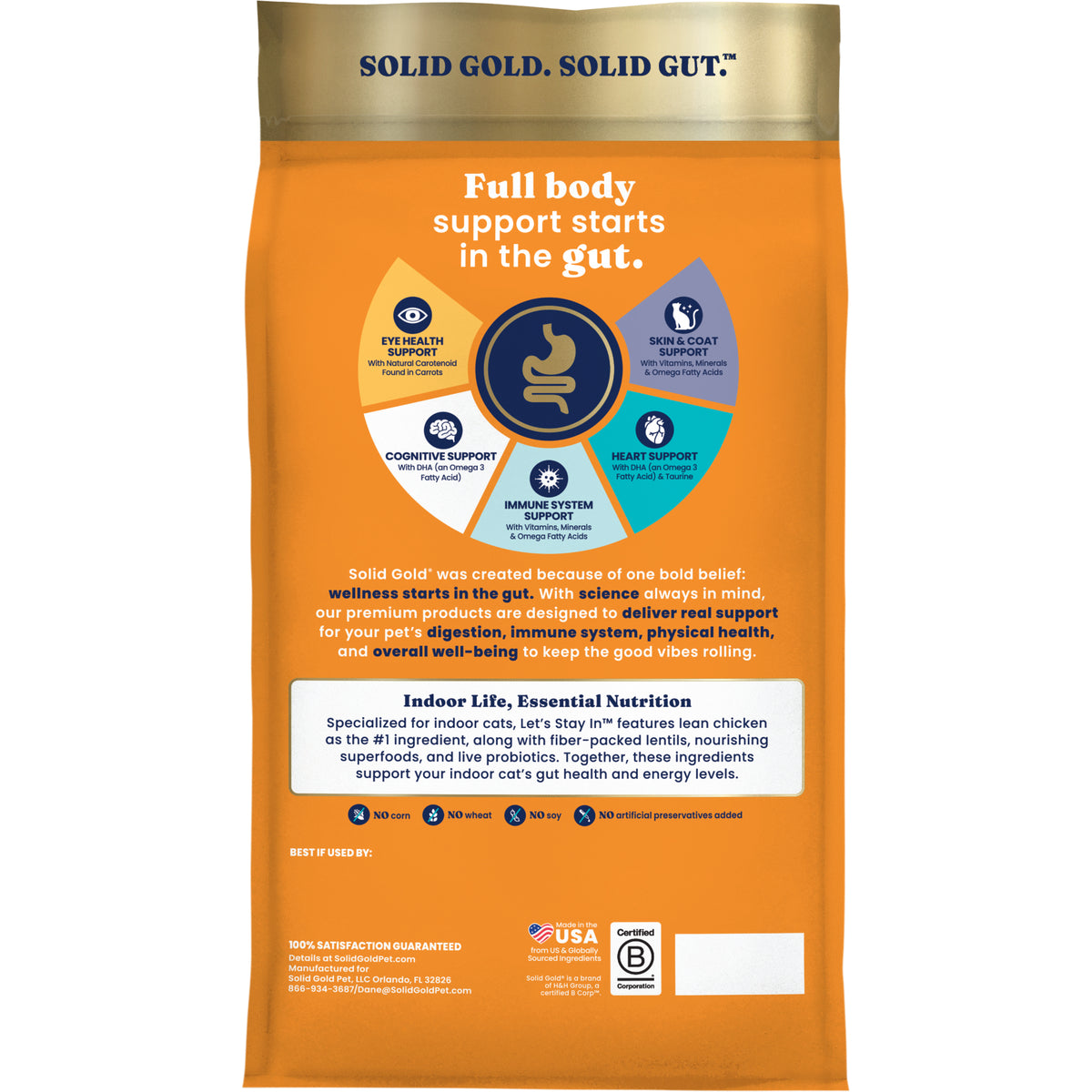 Dry cat food bag featuring nutritional benefits and ingredients for indoor cats, with emphasis on gut health support.