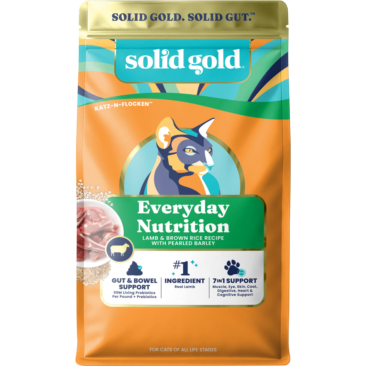 Dry cat food bag featuring lamb and brown rice recipe with colorful design and nutritional information.