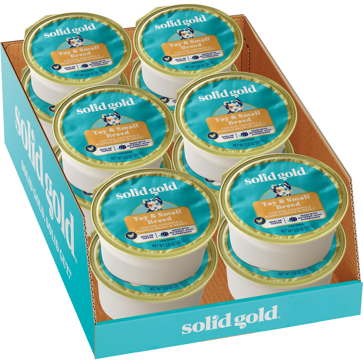 Six cups of chicken wet food for toy and small dog breeds in a cardboard display box.