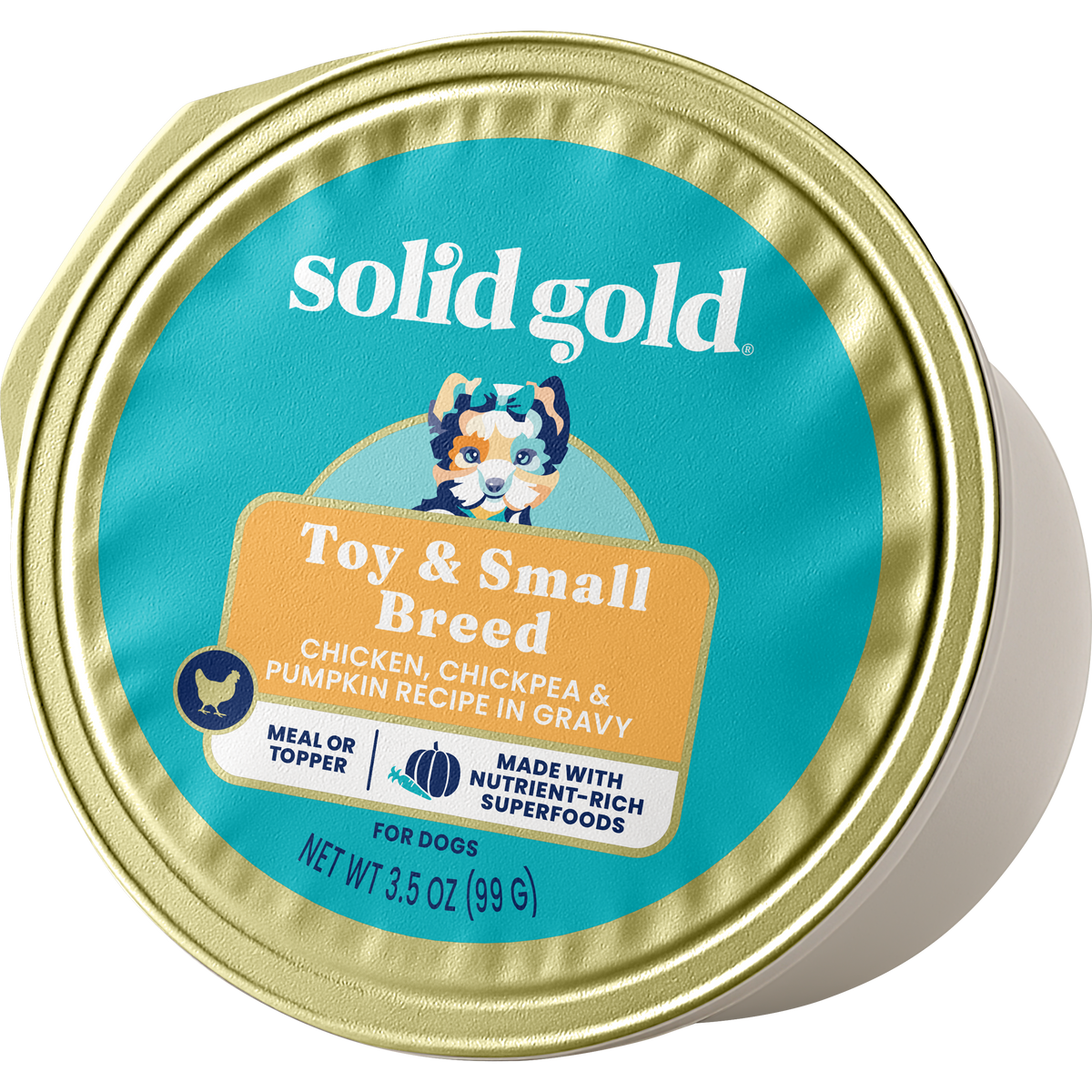 Wet dog food can with a teal label, featuring a dog illustration and text about chicken, chickpea, and pumpkin recipe.