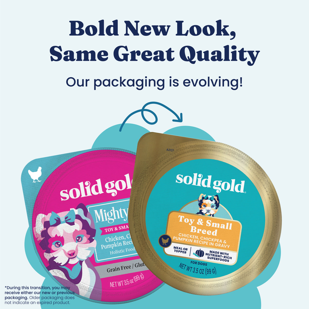 Two packaging designs for Solid Gold dog food, featuring Mighty Mini and Toy & Small Breed varieties.