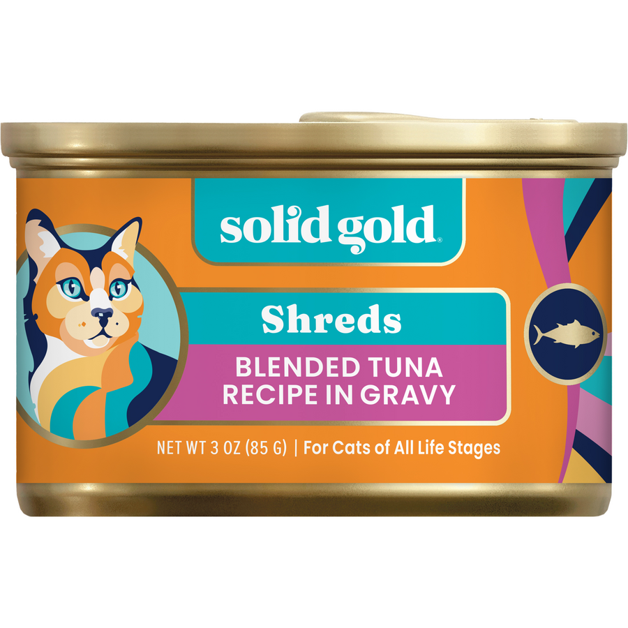 Can of blended tuna wet food for cats, featuring colorful packaging with a cat illustration and product details.