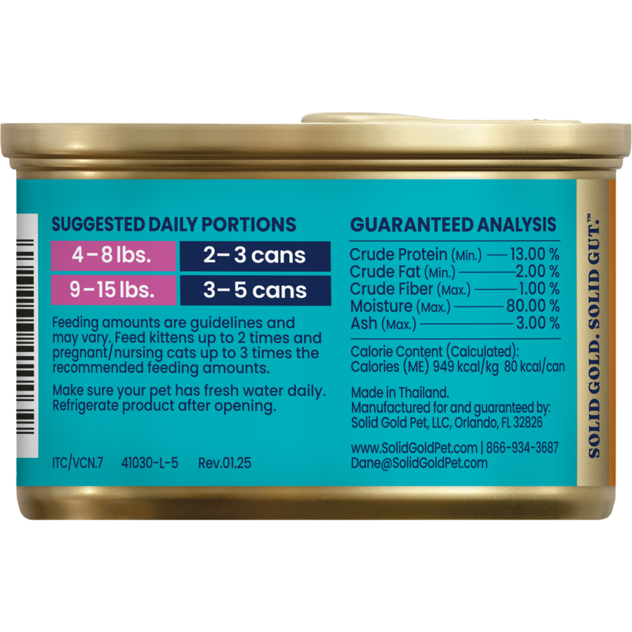Nutritional information and feeding guidelines for blended tuna wet food for cats, including daily portions and analysis.