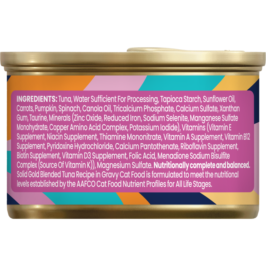 Can of blended tuna wet food for cats with a colorful label listing ingredients and nutritional information.