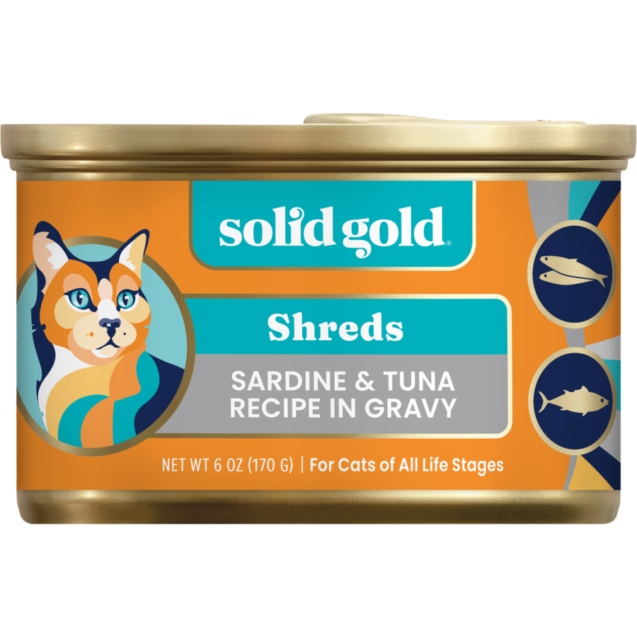 Wet cat food can featuring sardine and tuna in gravy, packaged in a 6 oz can with a colorful design.
