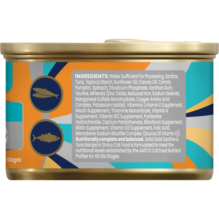 Wet cat food can with a colorful label, listing ingredients including sardine, tuna, and various vitamins and minerals.