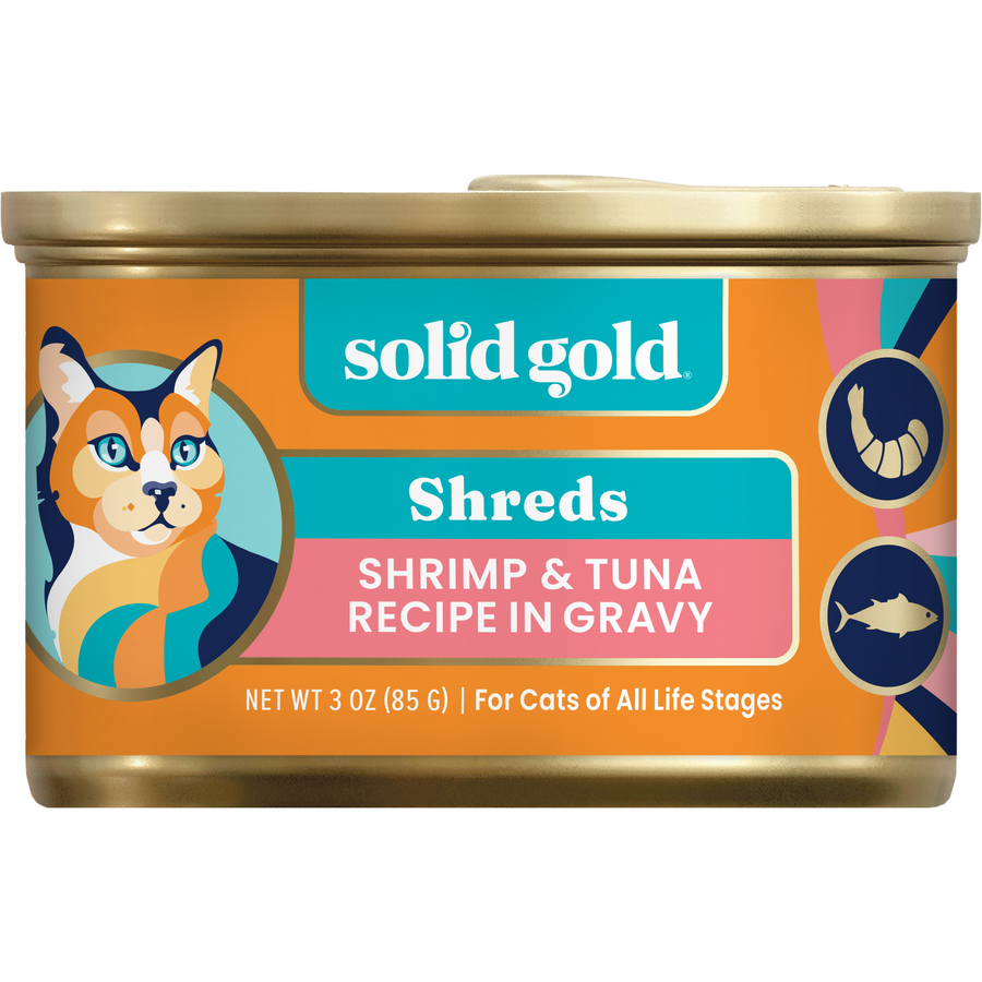 Can of wet cat food featuring shrimp and tuna in gravy, with a colorful design and a cat illustration on the label.
