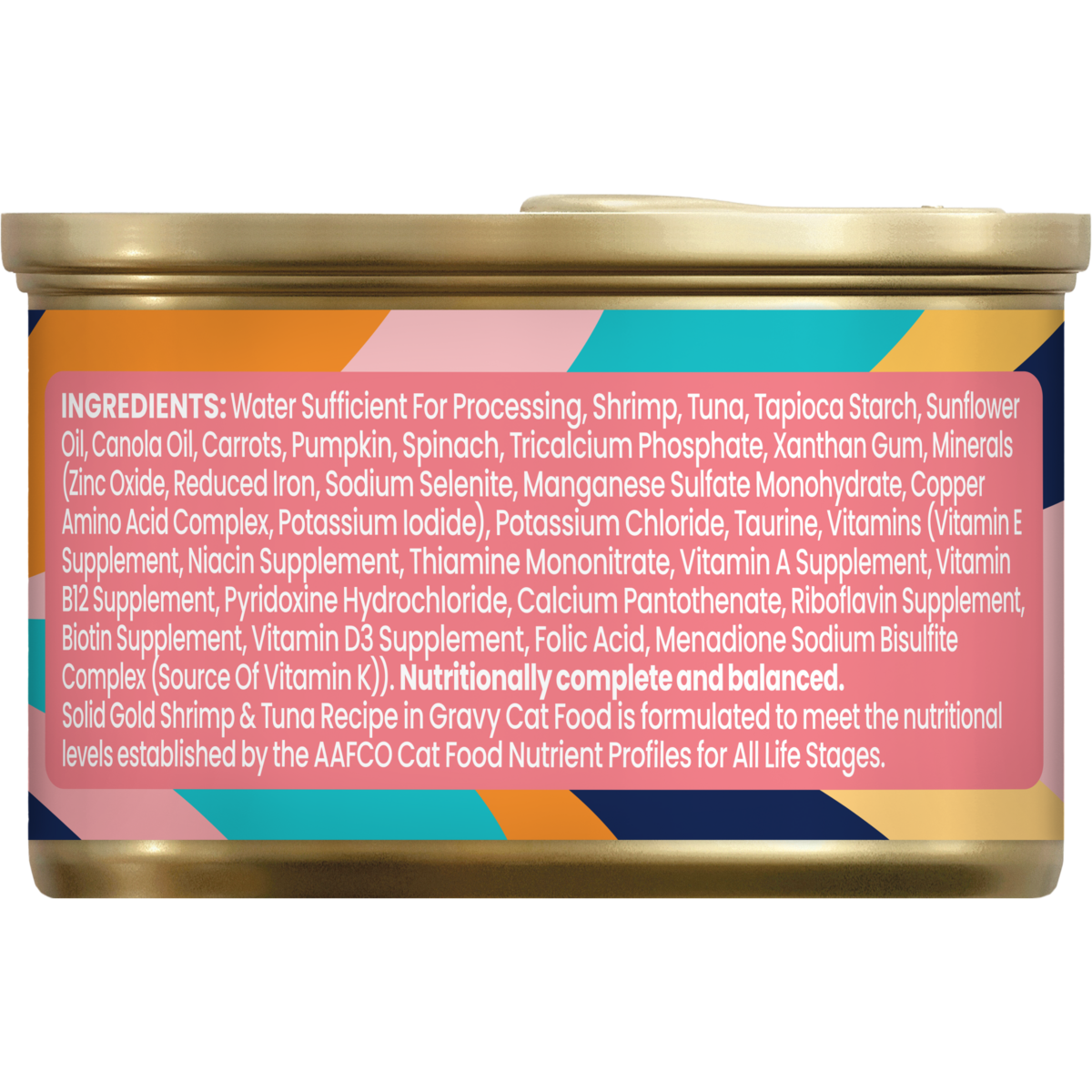 Can of wet cat food featuring shrimp and tuna, with a list of ingredients on the label.