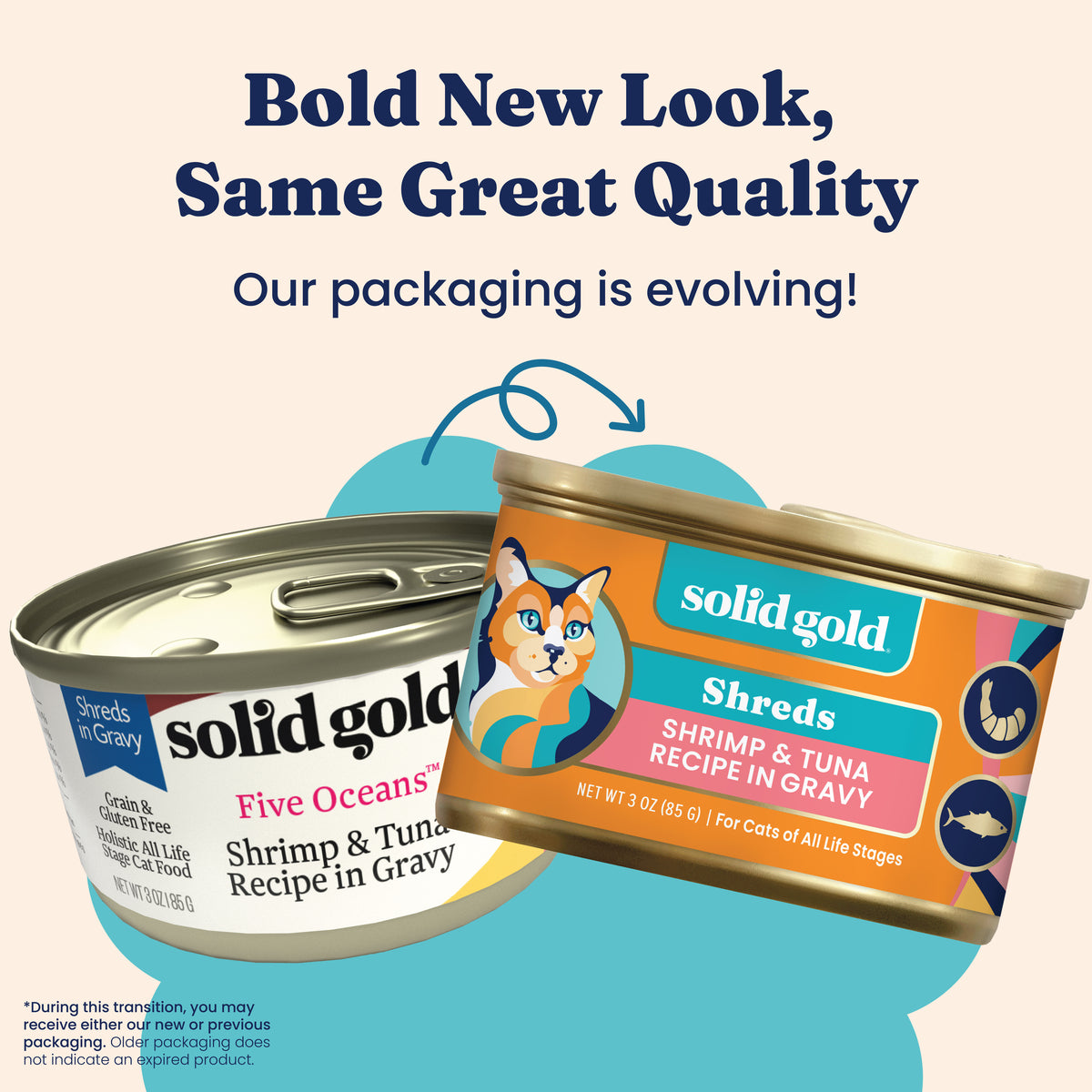 Two cans of shrimp and tuna wet food for cats, showcasing new packaging designs.