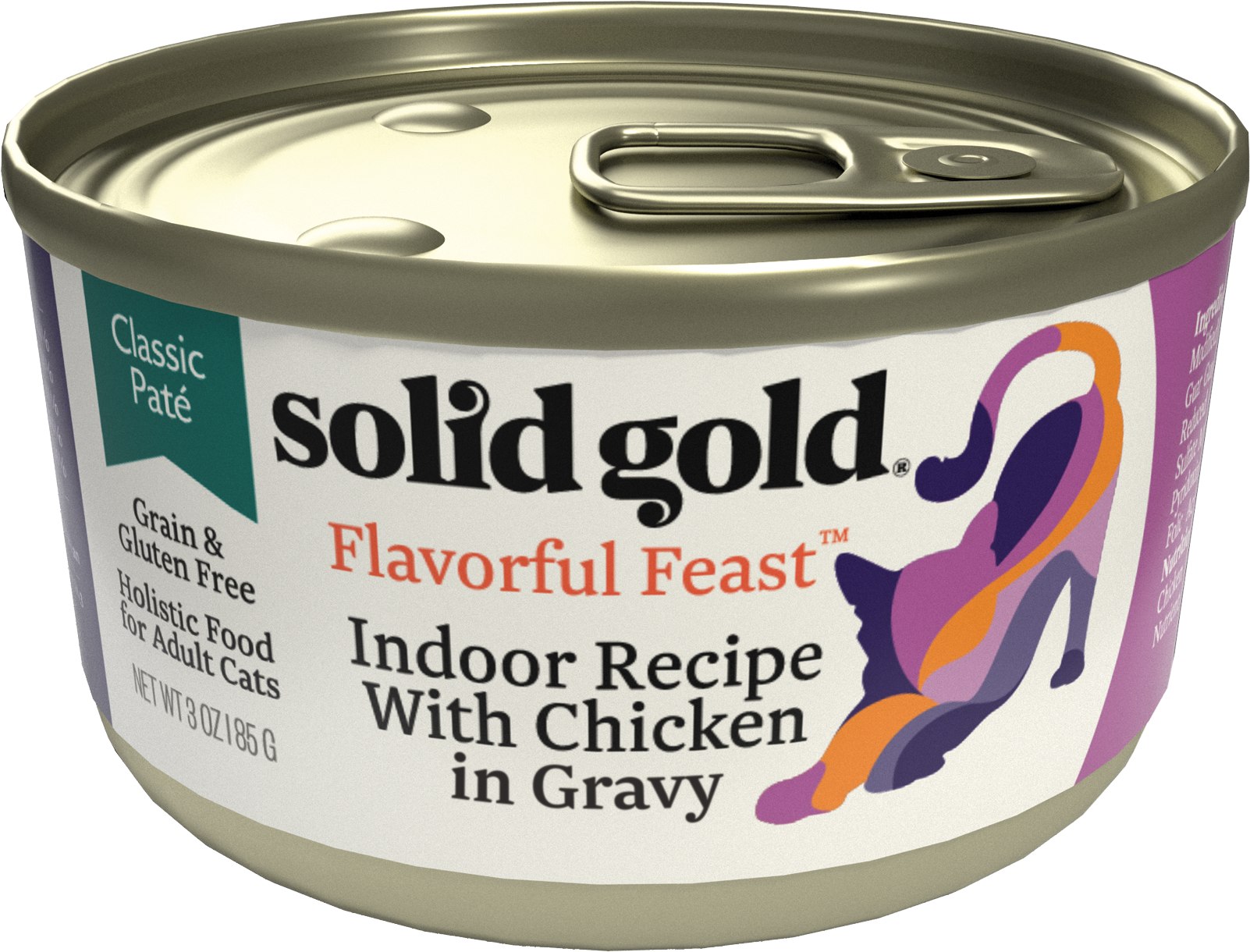 Can of Solid Gold Flavorful Feast Chicken Wet Food for cats, featuring a colorful label and a pull-tab lid.