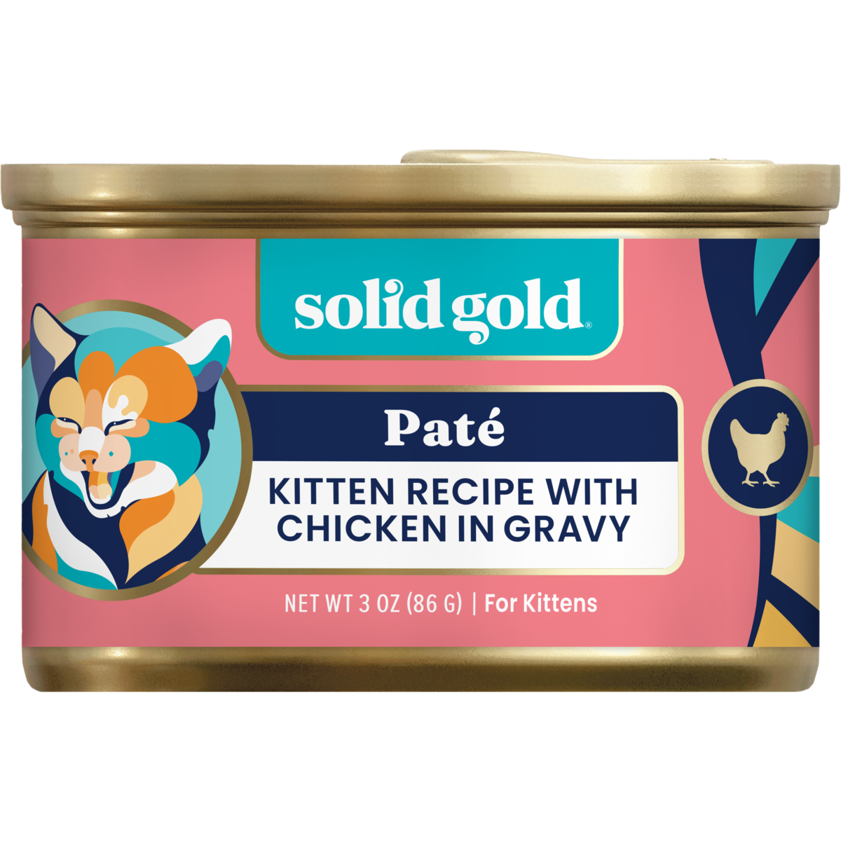 Can of chicken paté in gravy for kittens, featuring colorful packaging with a stylized animal design.
