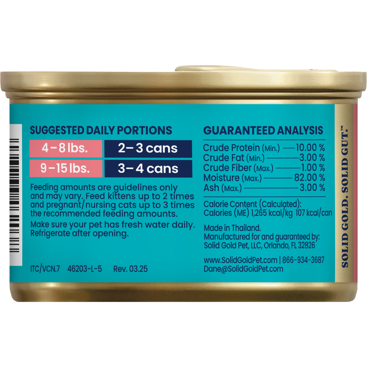 Label showing suggested daily portions and guaranteed analysis for chicken paté in gravy for growing kittens.