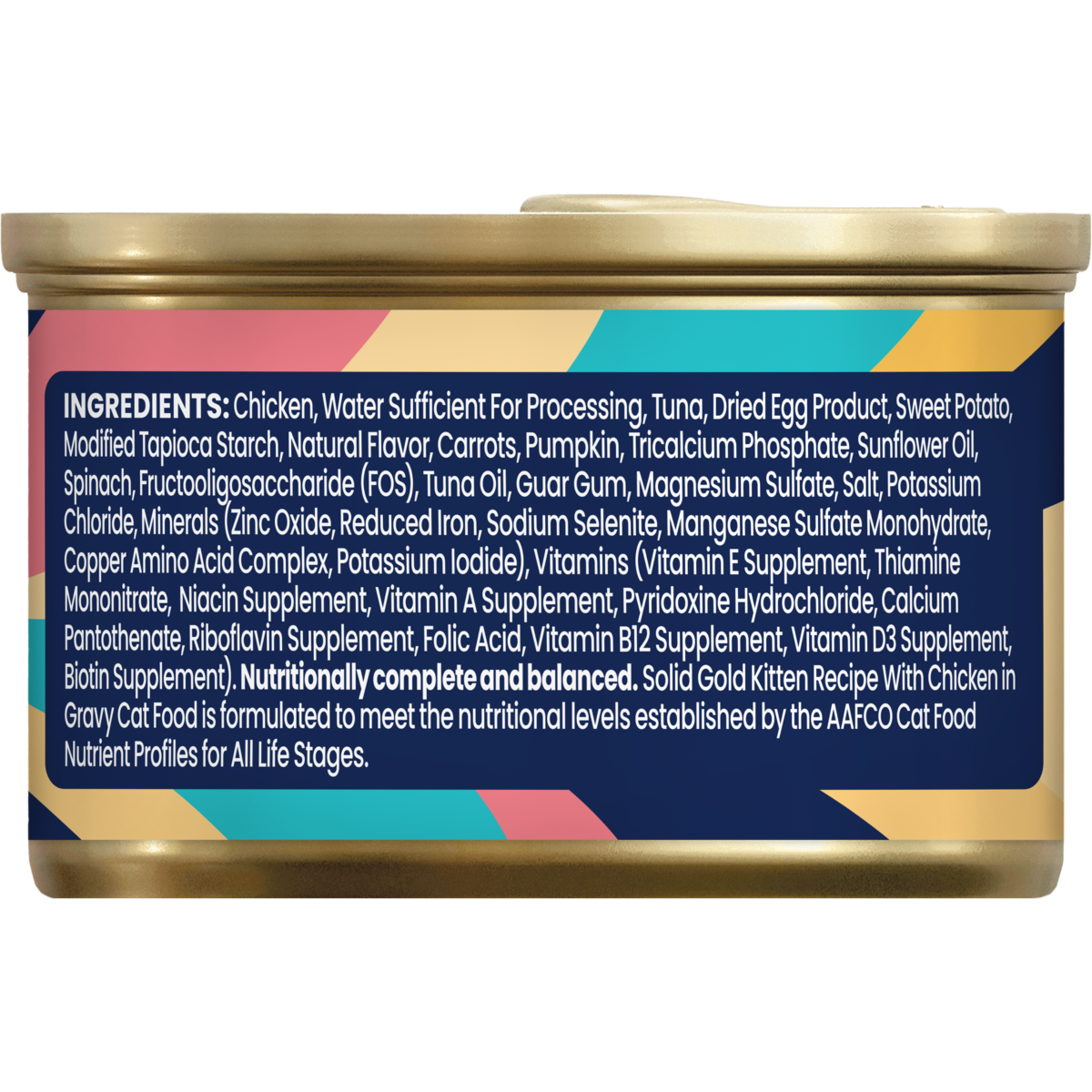 Ingredients list for chicken paté in gravy for kittens, including chicken, tuna, vegetables, and various vitamins and mineral