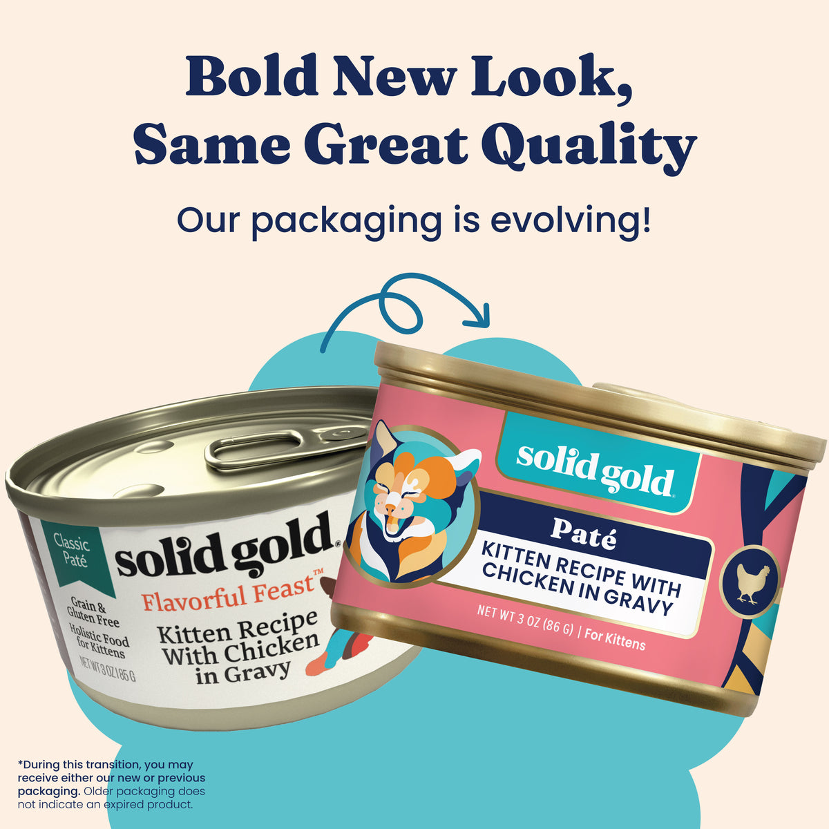 Two cans of kitten paté in gravy, one with a classic design and the other with a new colorful look.