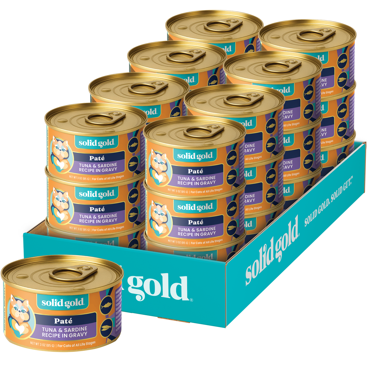Twelve cans of wet cat food featuring tuna and sardine paté in gravy, displayed in a branded cardboard tray.