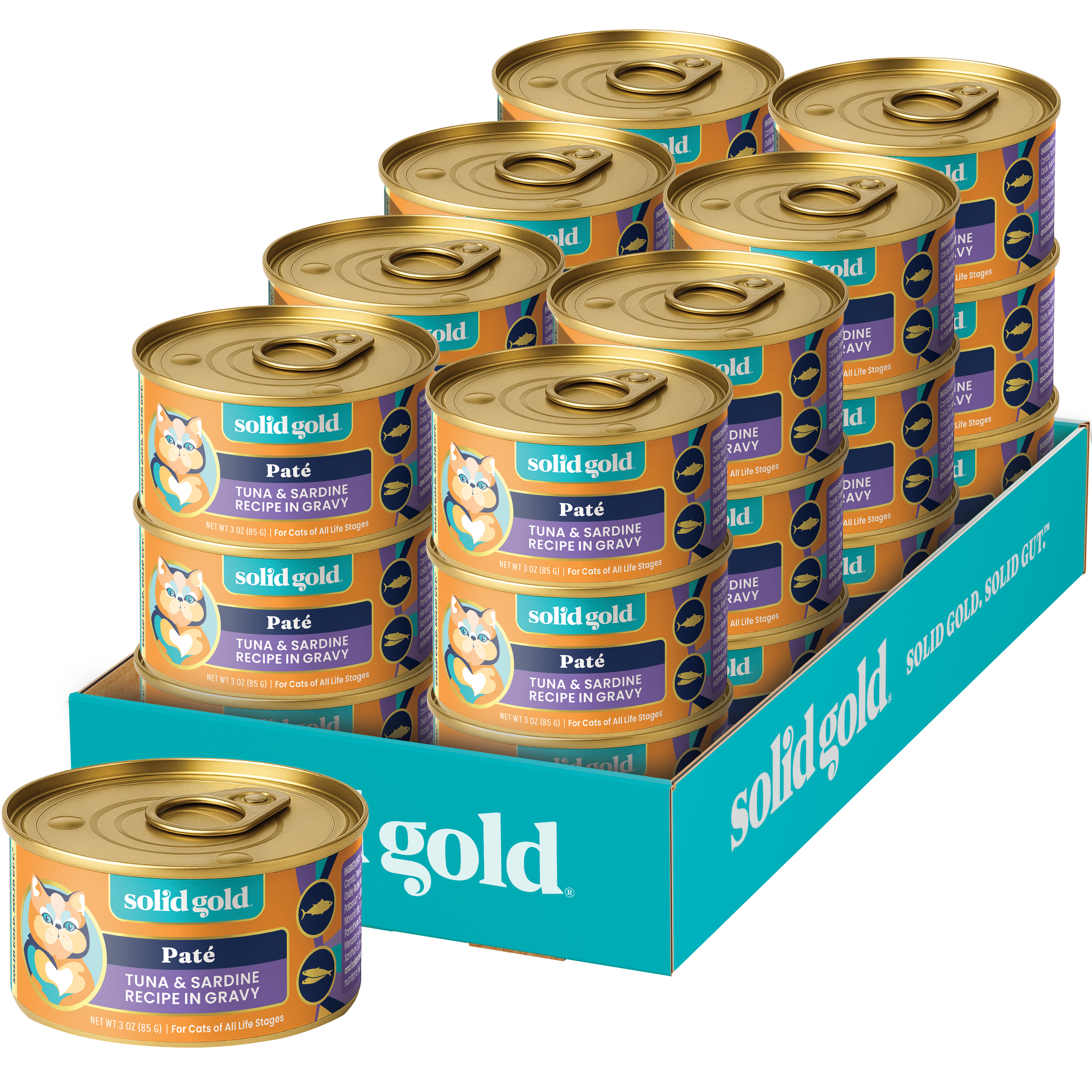 Twelve cans of wet cat food featuring tuna and sardine paté in gravy, displayed in a branded cardboard tray.