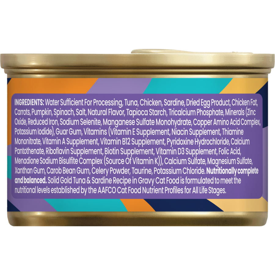 Ingredients list for cat wet food including tuna, sardine, chicken, and various vitamins and minerals.