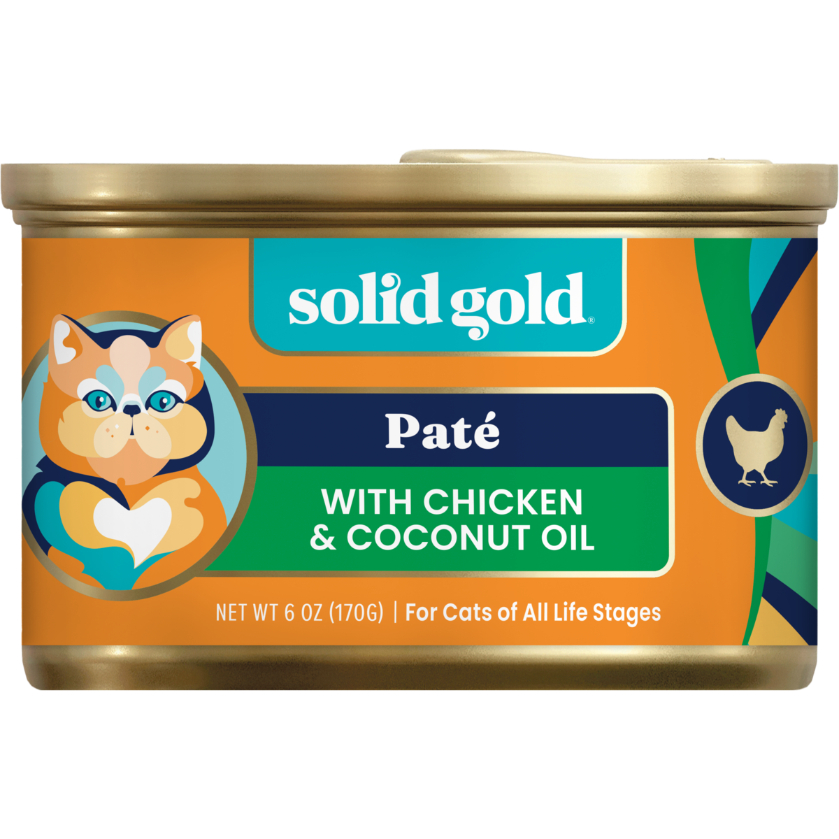 Wet cat food can with paté featuring chicken and coconut oil, 6 oz size.