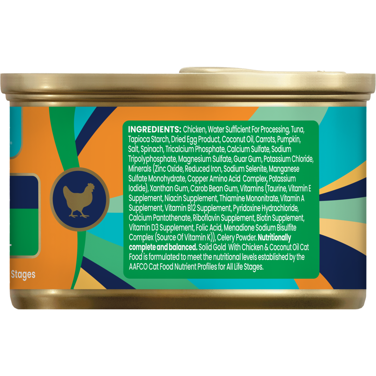 Wet cat food can with a colorful label, listing ingredients including chicken, coconut oil, and various vitamins and minerals