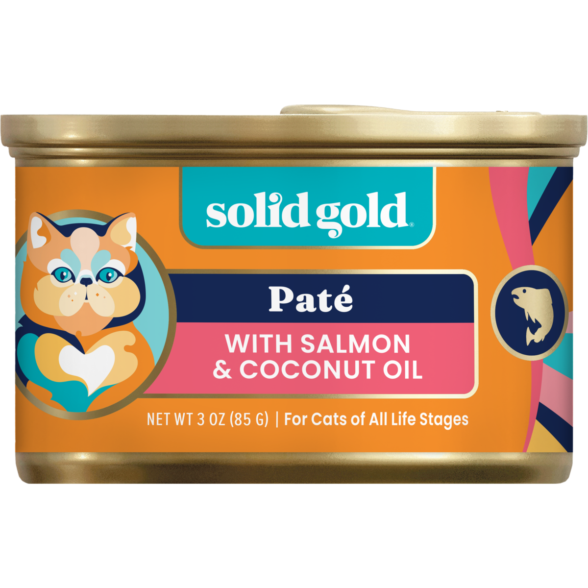 Wet cat food can with salmon and coconut oil, featuring a colorful design and a cat illustration on the label.