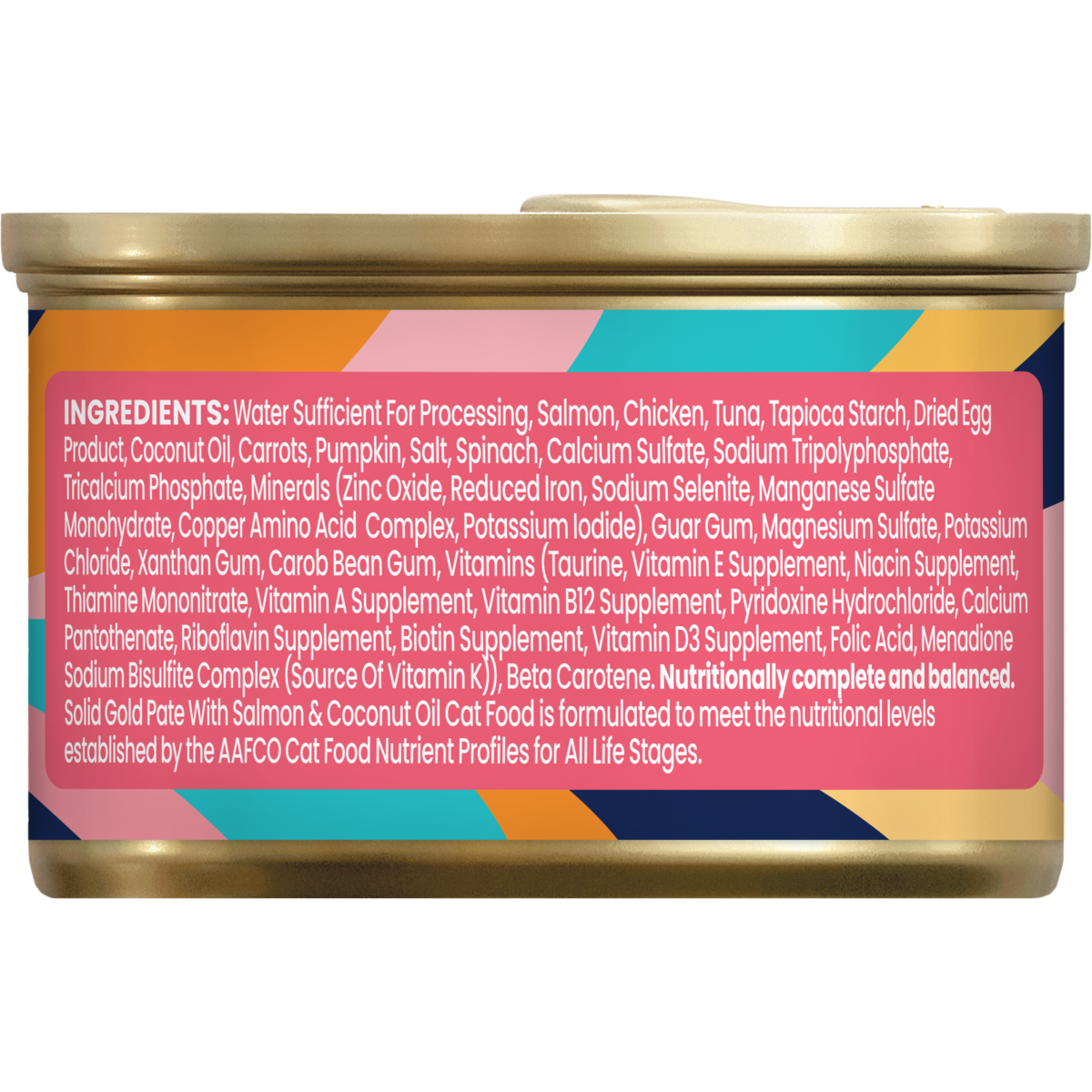 Can of wet cat food with salmon, chicken, and various ingredients listed on the label.