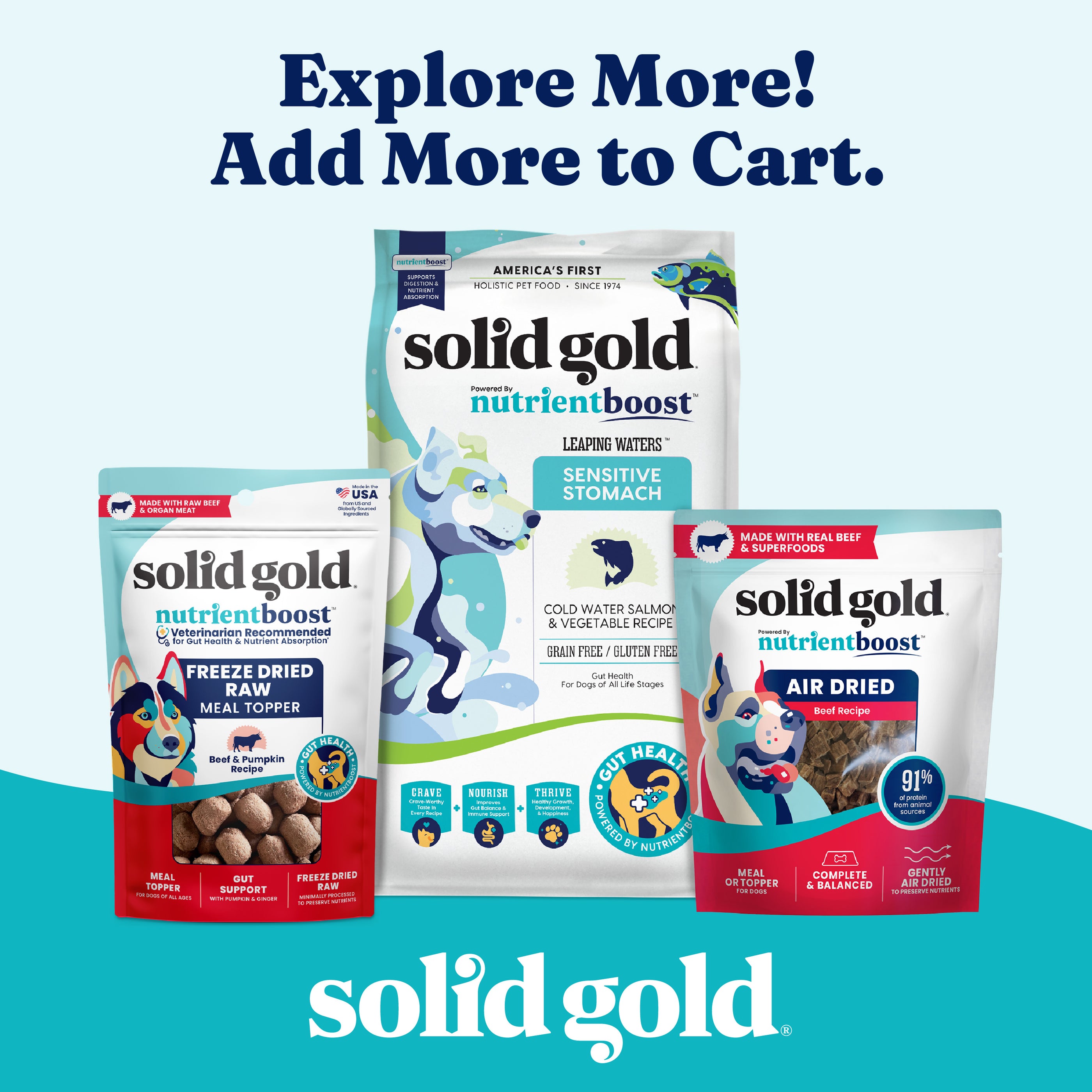 Three pet food products displayed, including freeze-dried meal topper and air-dried recipes, with branding elements.