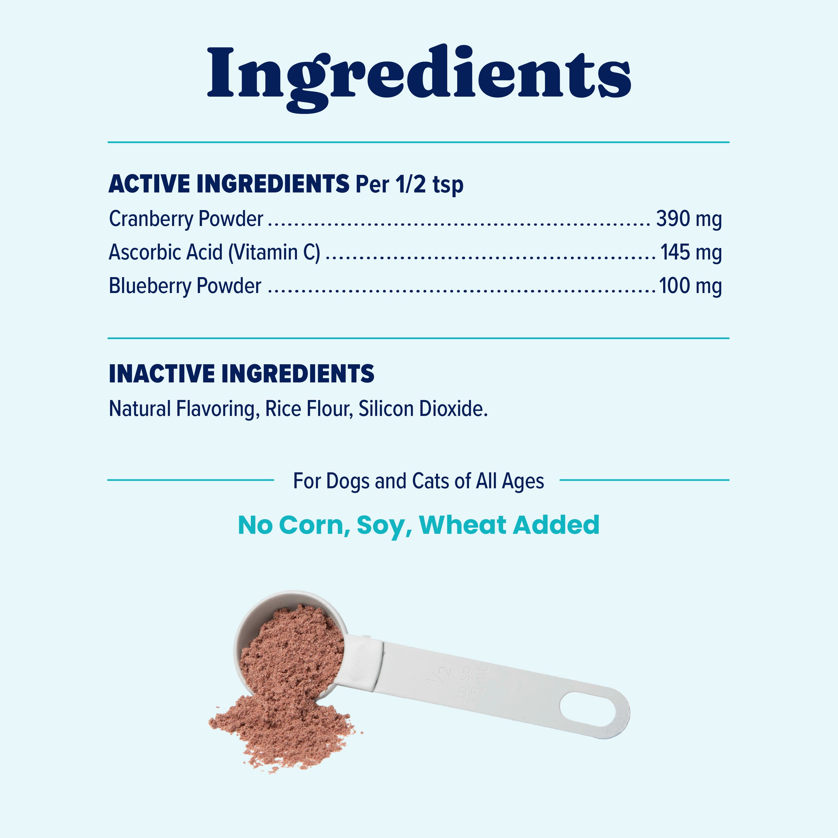 Ingredients list for Berry Balance™ Urinary Tract Health Powder, including active and inactive components.
