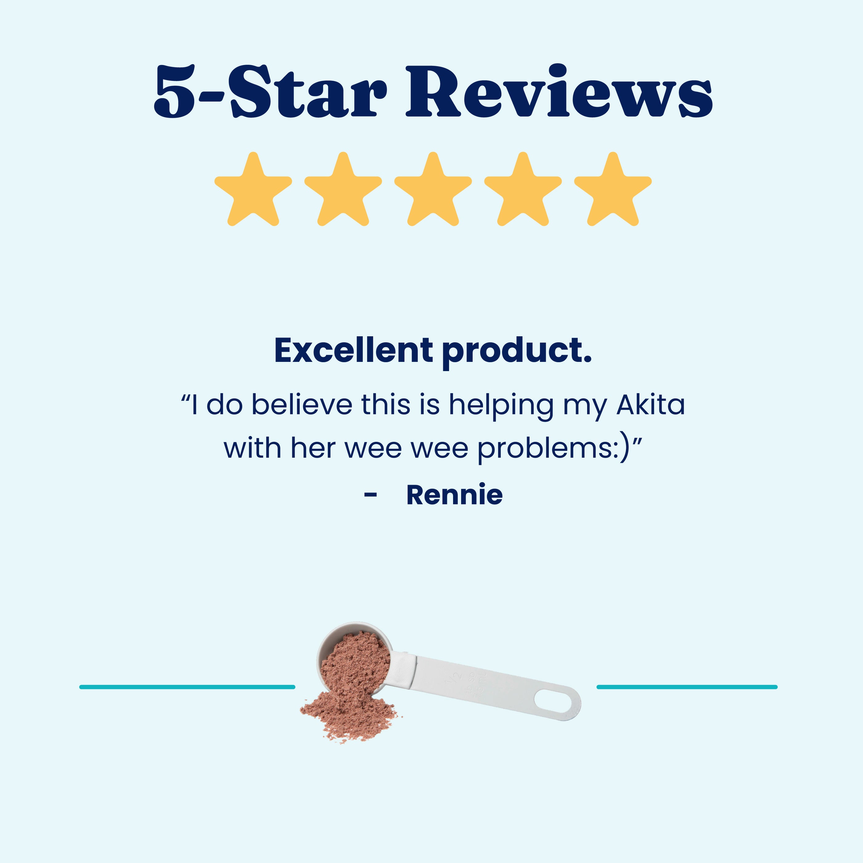 Five-star review highlighting a powder product for urinary tract health in pets, with a testimonial from a customer named Ren