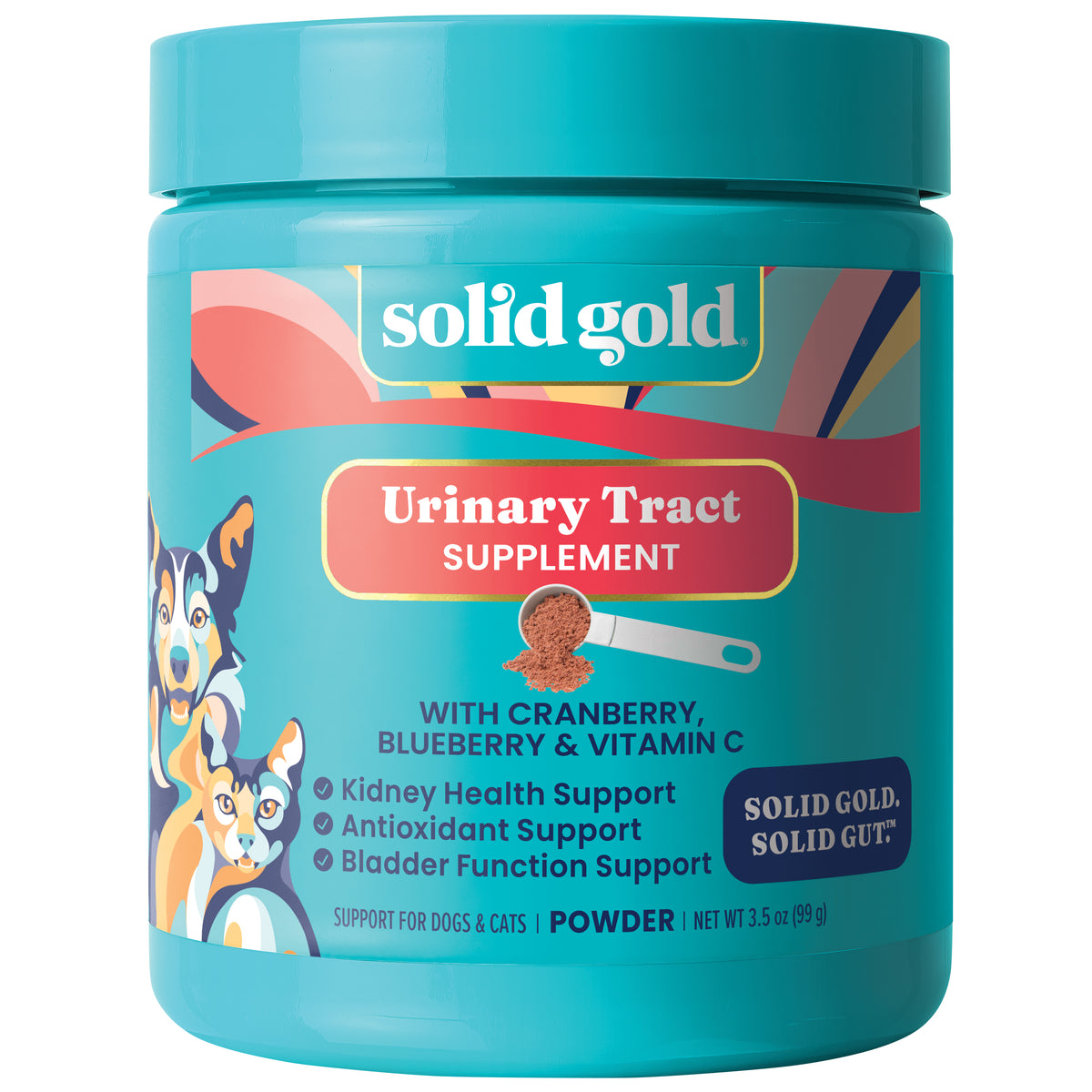 Turquoise container of urinary tract health powder for dogs and cats, featuring cranberries, blueberries, and vitamin C.