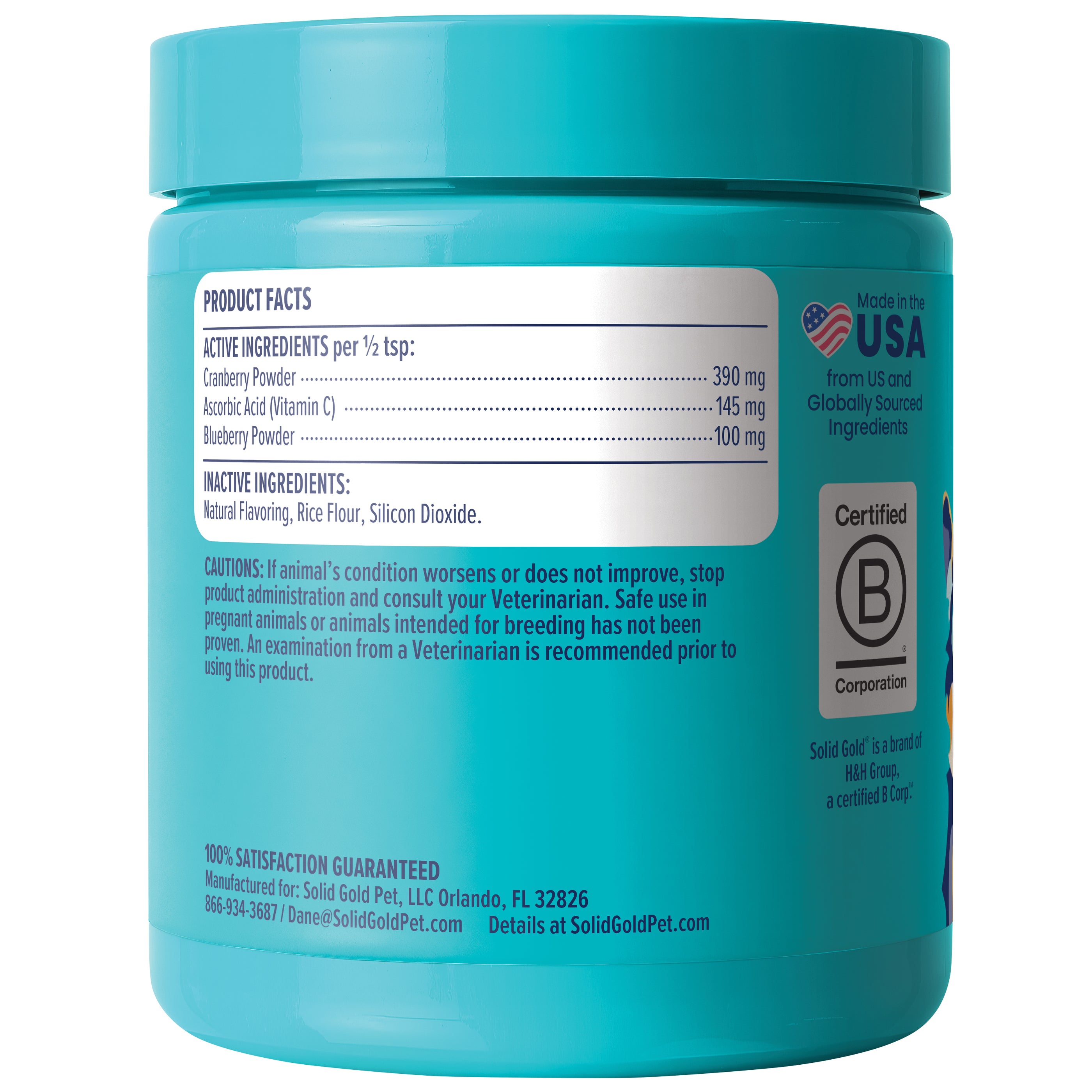 Turquoise container of Berry Balance™ powder with ingredient list and caution information for pet health.