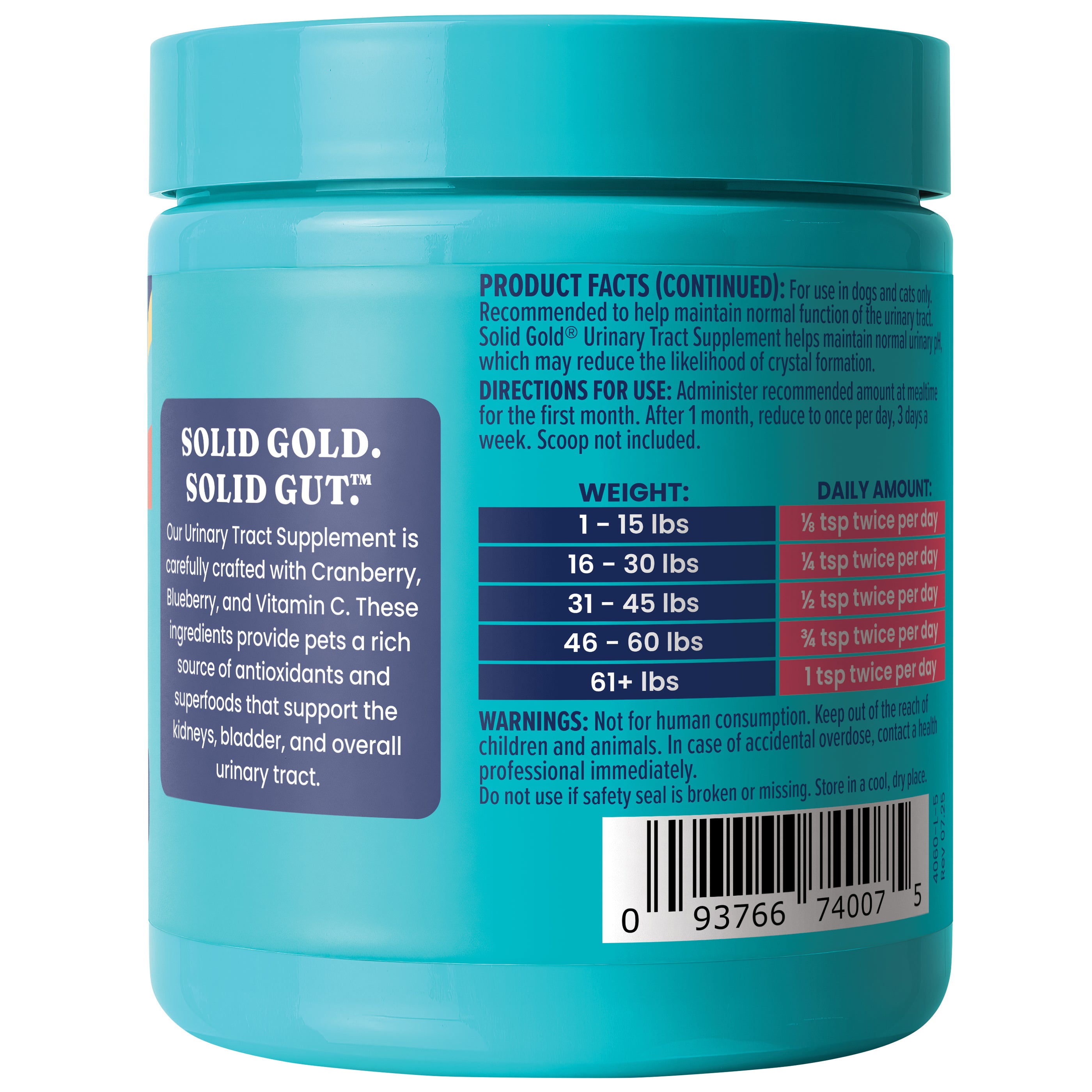 Turquoise container of urinary tract health powder for pets with product facts and dosage instructions on the label.