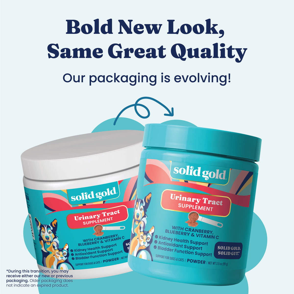 Two containers of Solid Gold Urinary Tract Supplement for pets, showcasing new and old packaging designs.