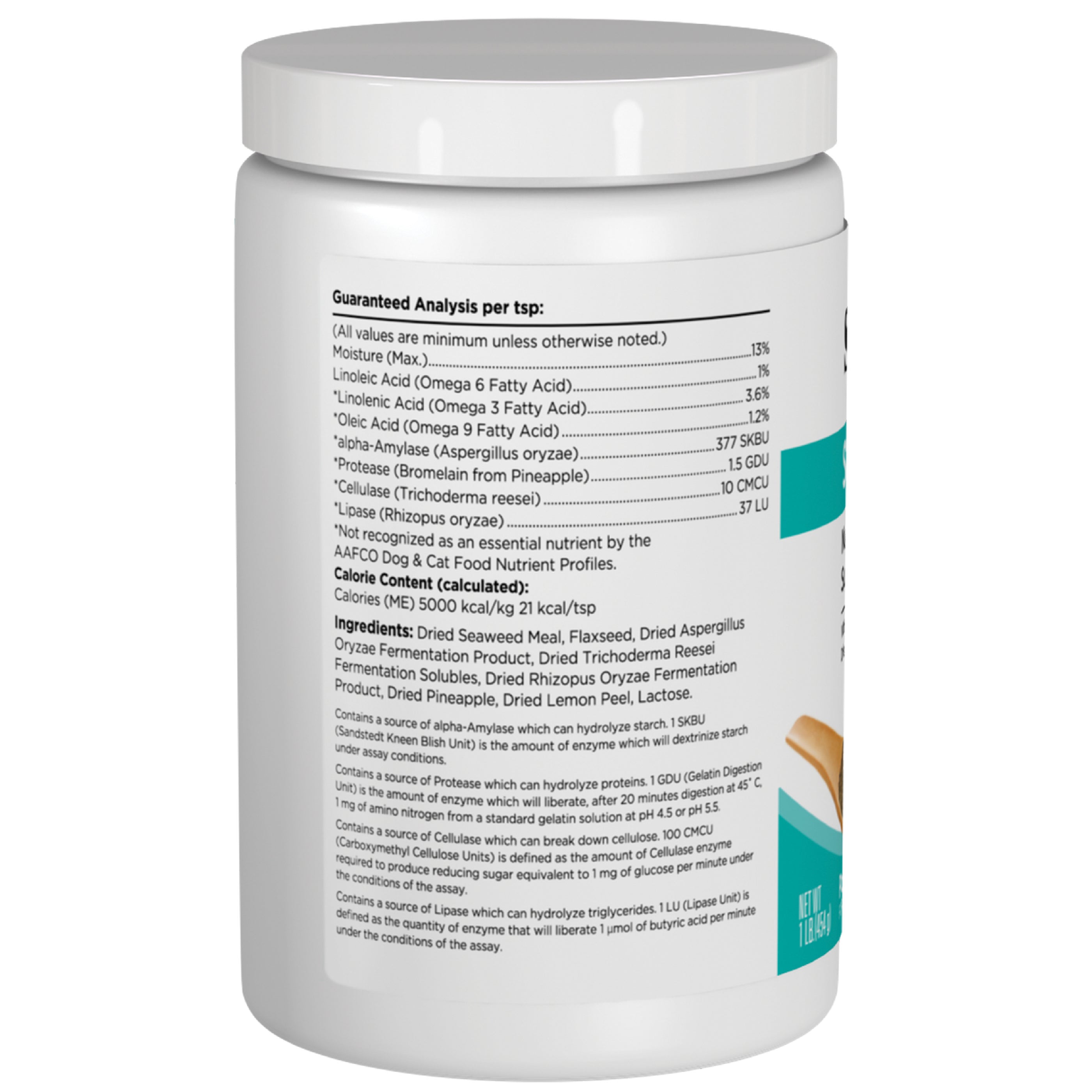 Container of SeaMeal™ Daily Wellness Supplement Powder for dogs and cats, showing nutritional analysis and ingredients list.