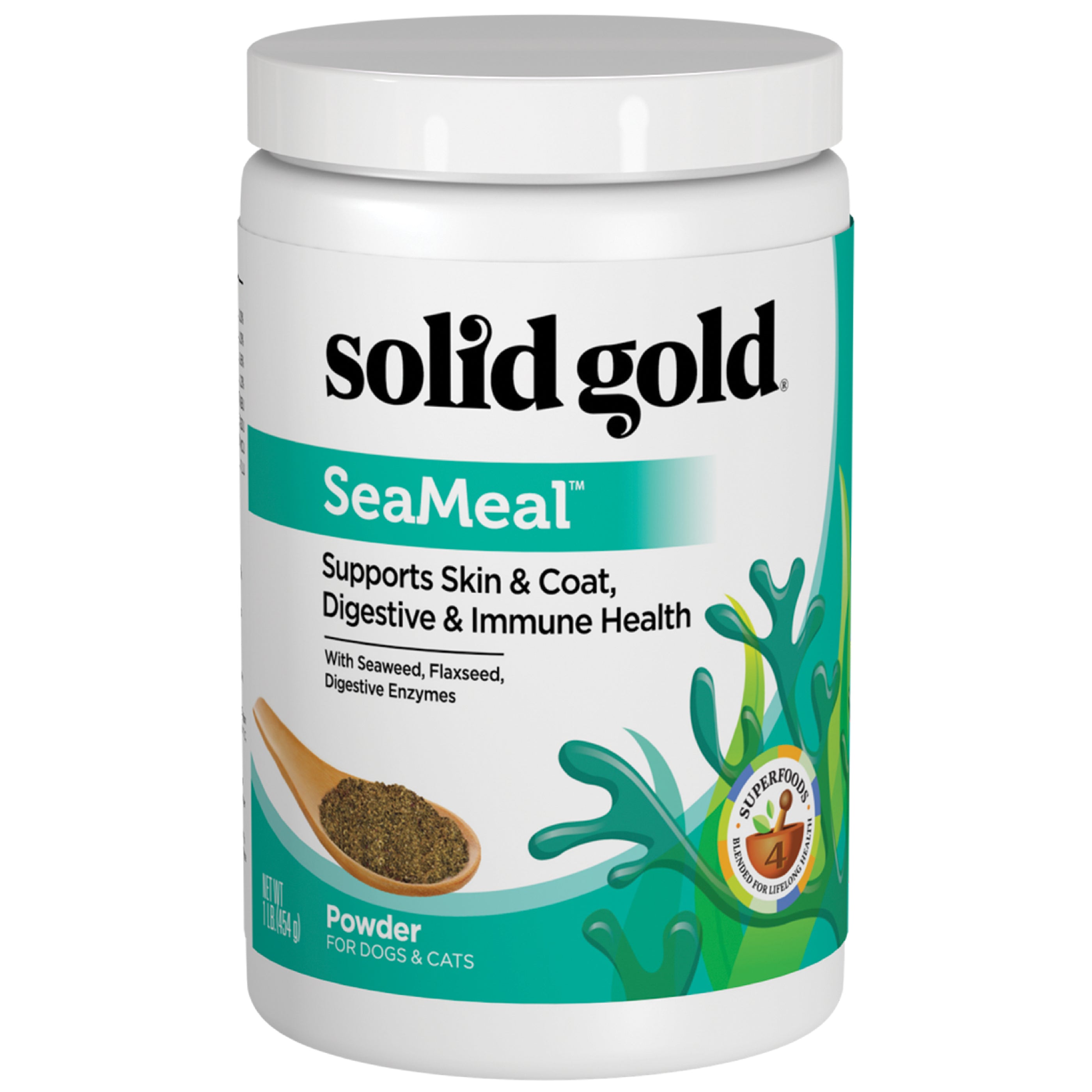 Container of SeaMeal™ daily wellness supplement powder for dogs and cats, featuring a green and white design with a wooden sp