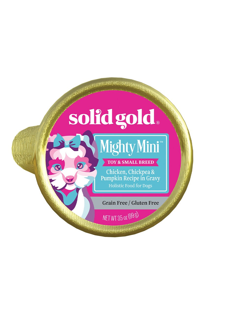 Wet dog food can with a gold rim, featuring a colorful label for "Mighty Mini" chicken, chickpea, and pumpkin recipe.