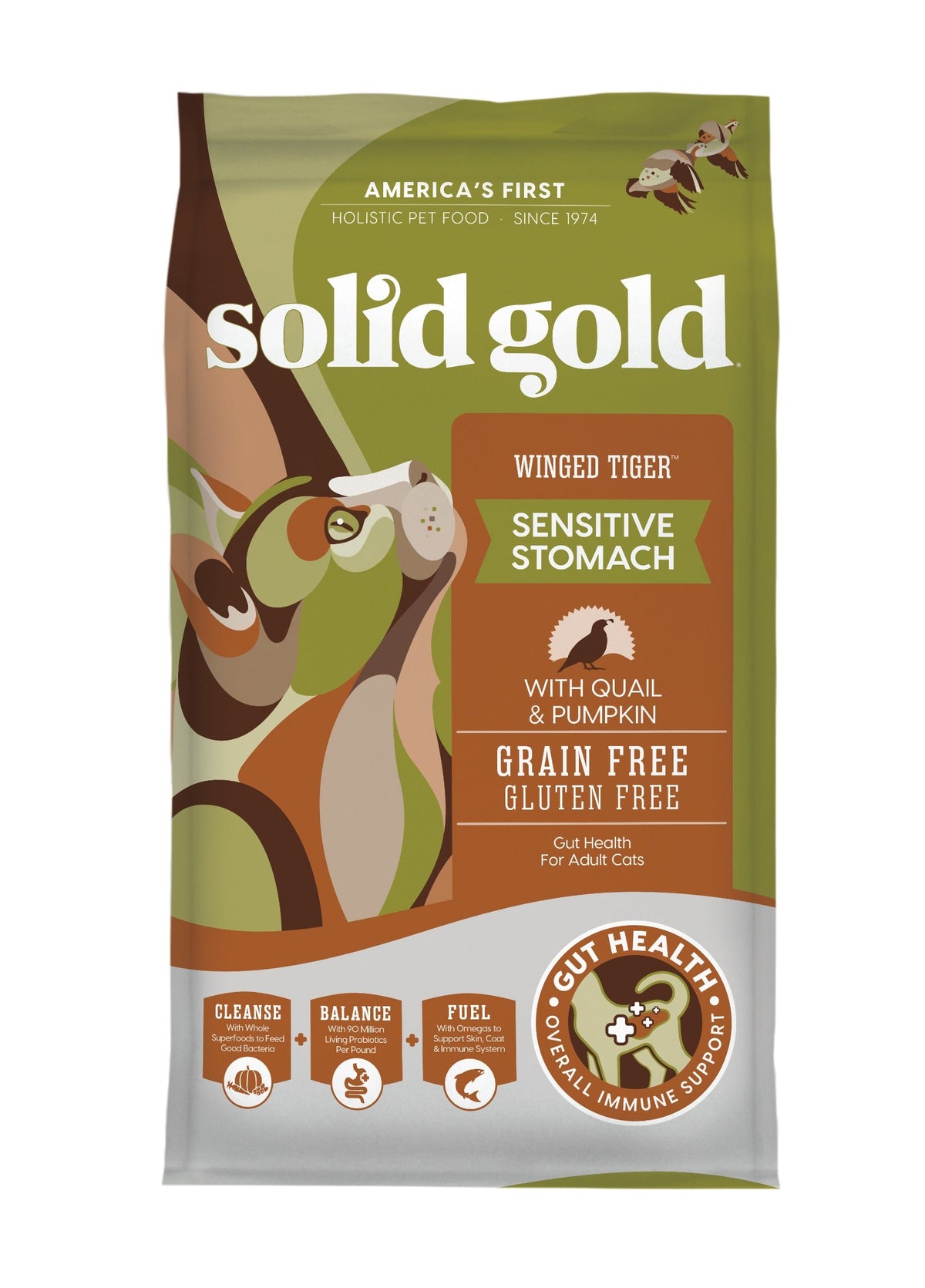 Dry cat food bag featuring "Winged Tiger™ Sensitive Stomach" with illustrations of a cat and natural ingredients.