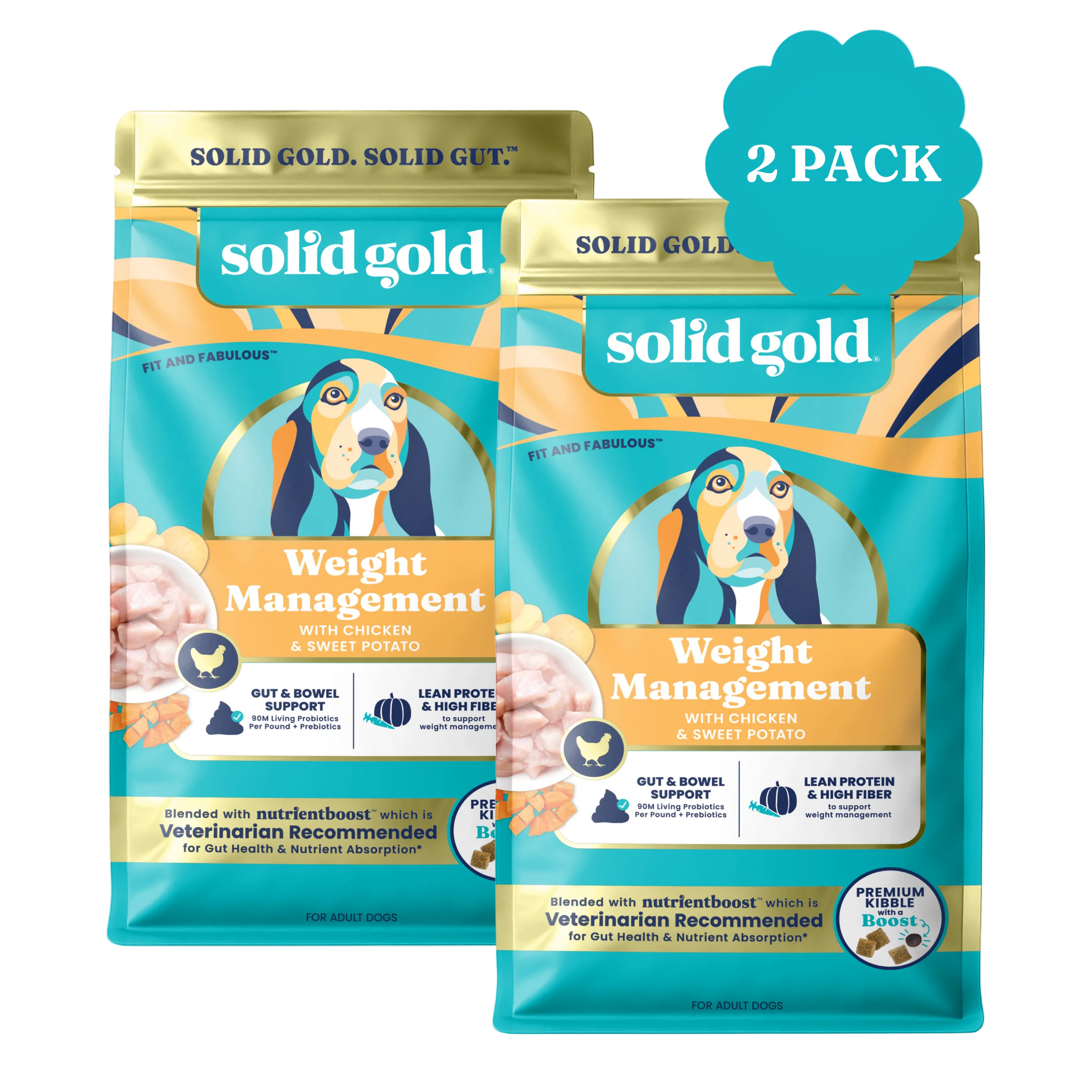 Two bags of Solid Gold Fit and Fabulous Chicken Dry Food for adult dogs, labeled for weight management.