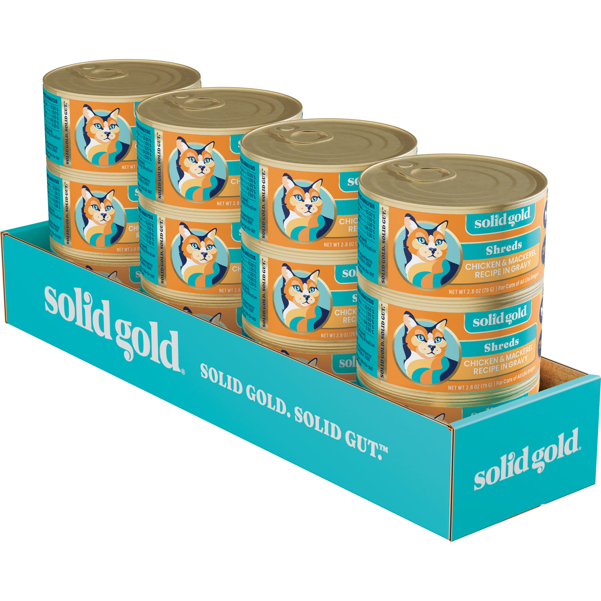 Six cans of chicken and mackerel shreds wet food for cats in a display box.