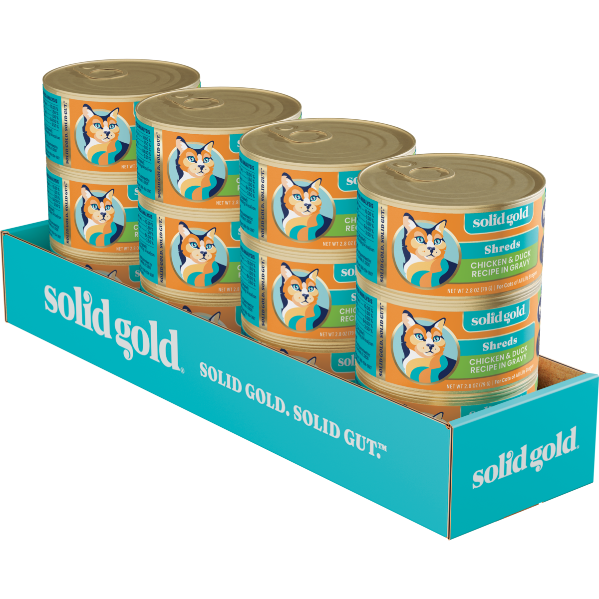 Six cans of chicken and duck shreds wet food for cats in a branded display box.
