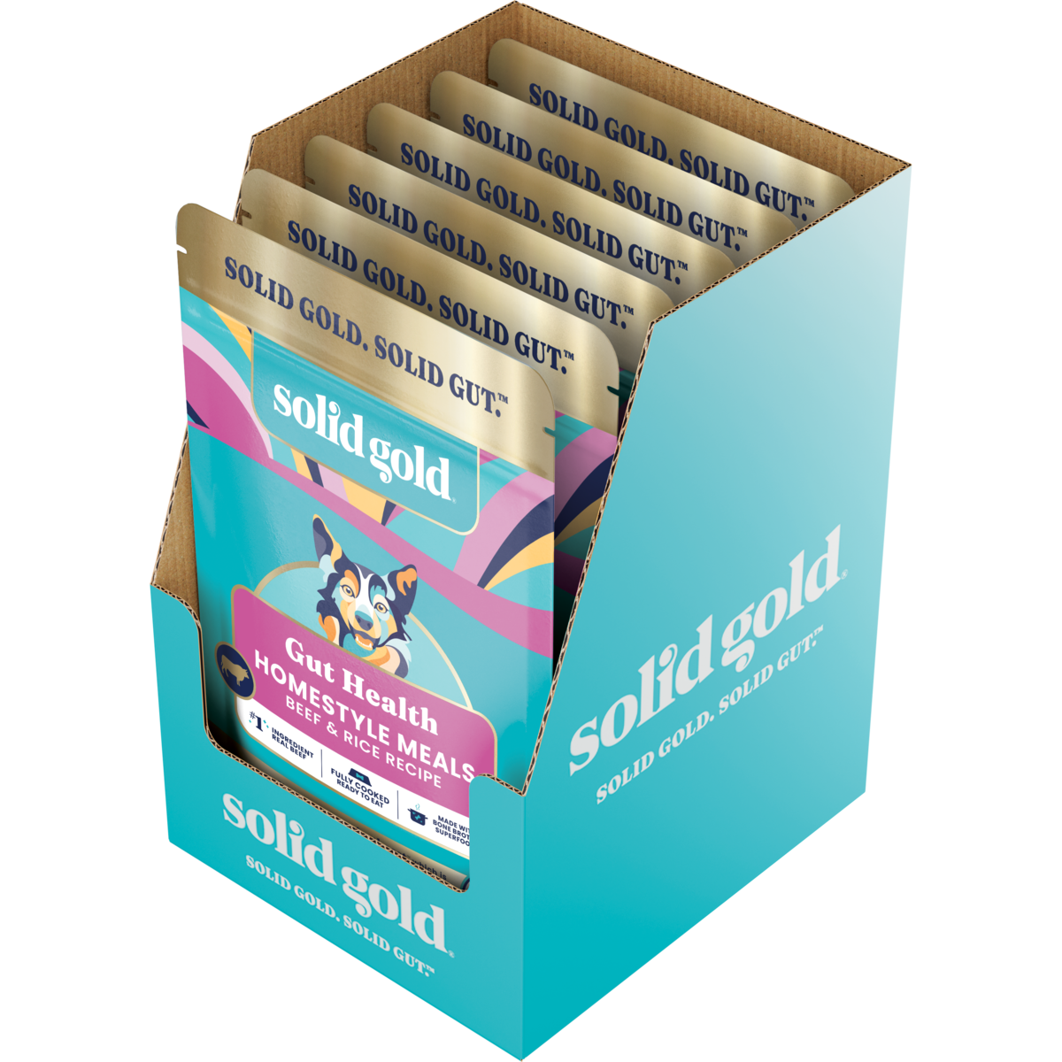 Cardboard display box containing multiple pouches of Gut Health Homestyle Meal wet food for dogs.