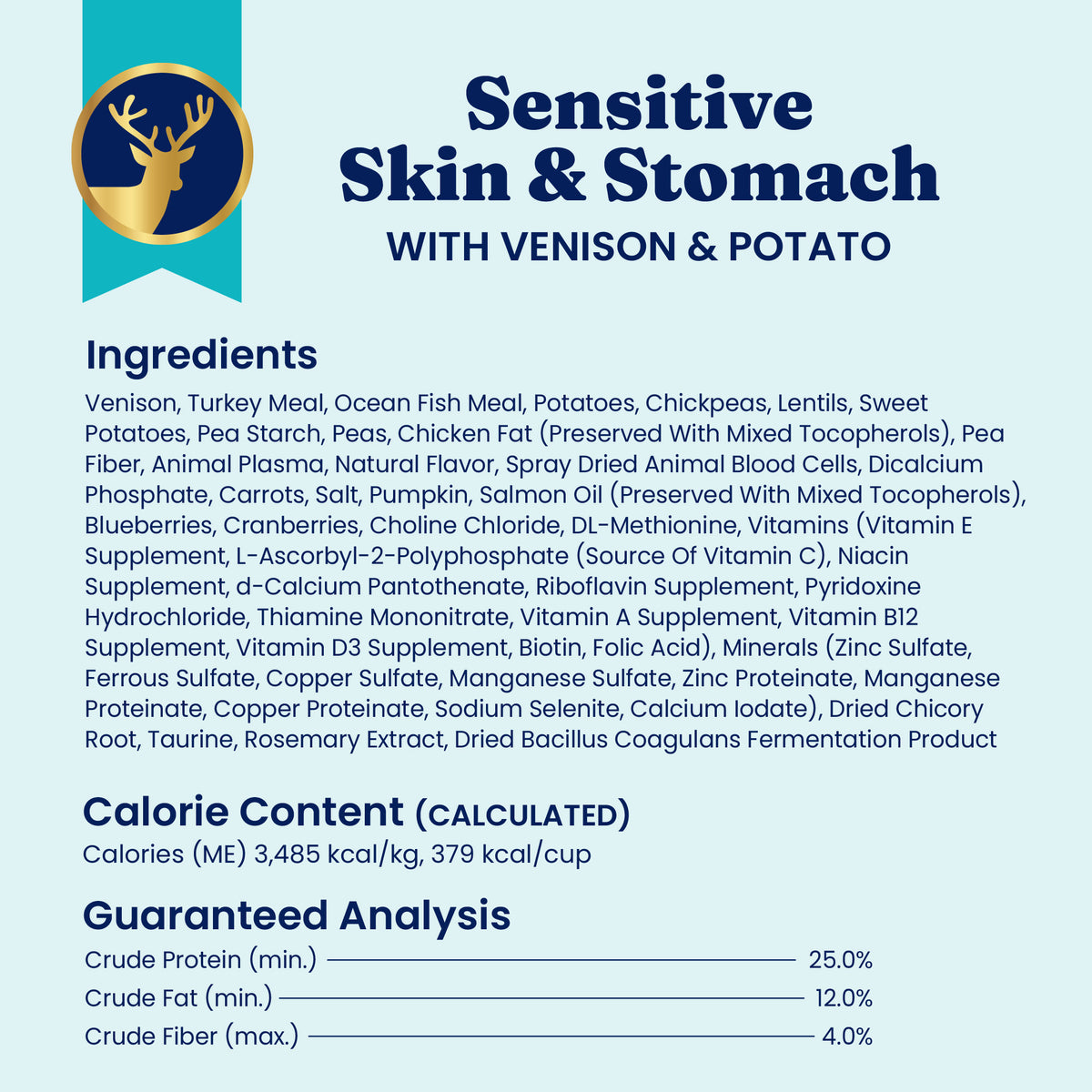 Dry dog food formulated for sensitive stomachs, featuring venison and potato as primary ingredients.