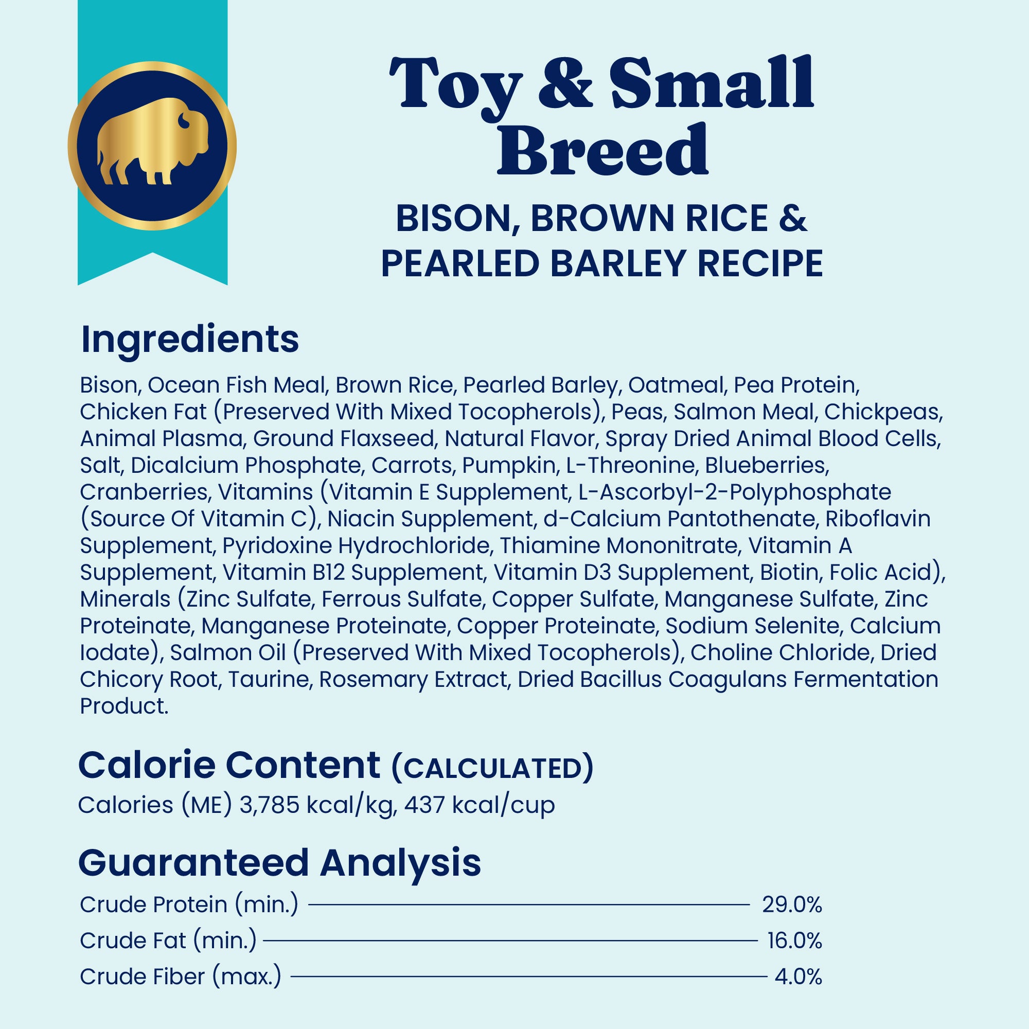 Dry dog food for toy and small breeds featuring bison, brown rice, and pearled barley with a detailed ingredient list.