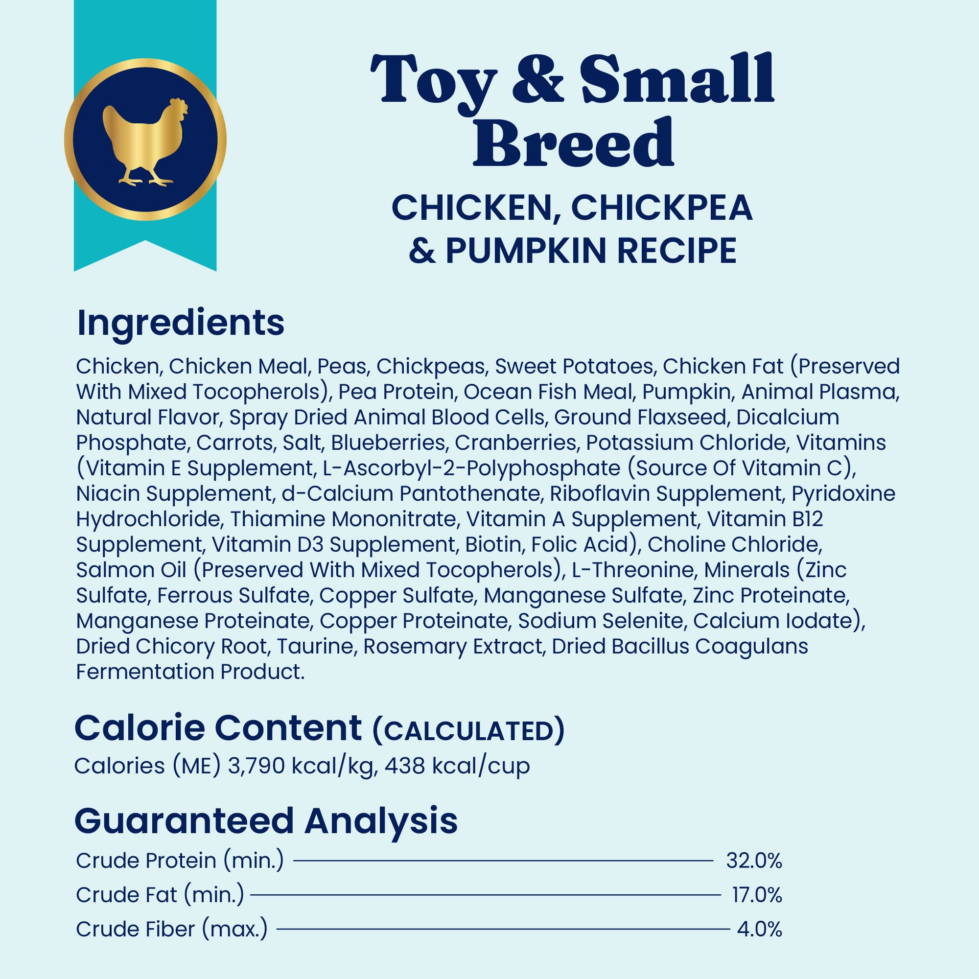 Nutrientboost™ Mighty Mini™ Chicken Dry Food for Toy & Small Dogs ingredient list and guaranteed analysis details.