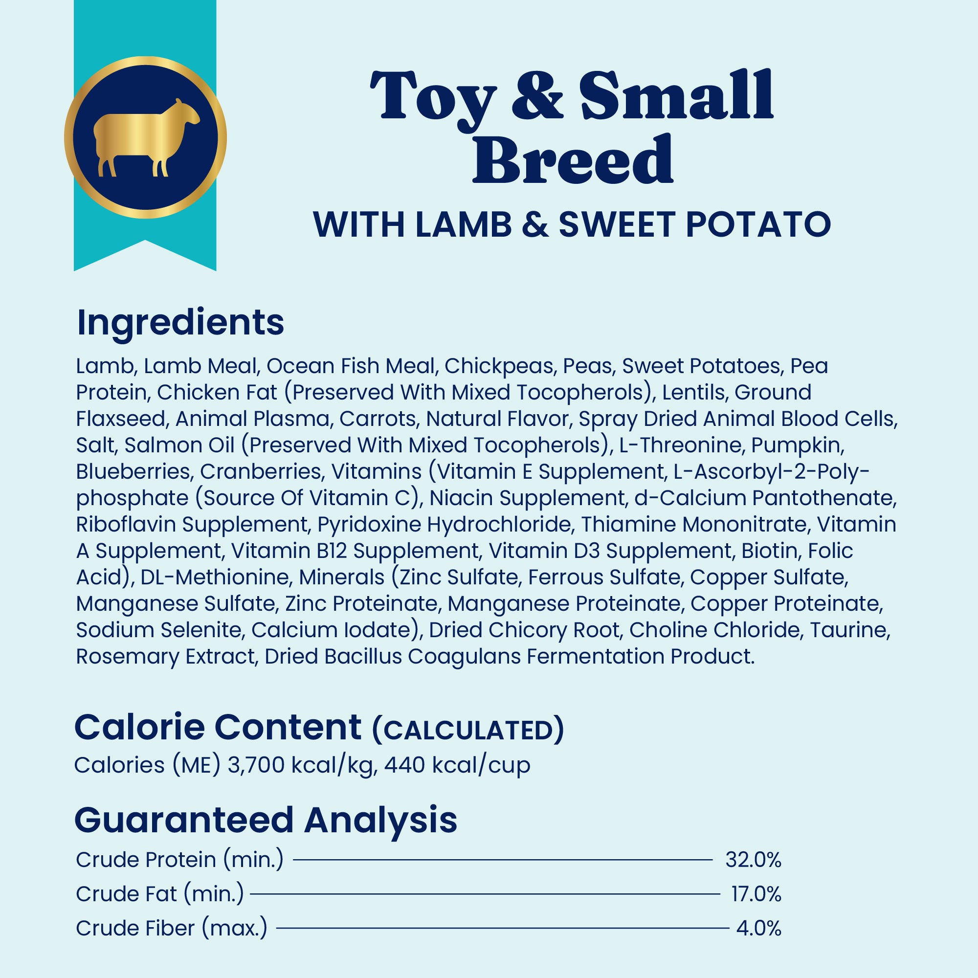 Dry dog food for toy and small breeds, featuring lamb and sweet potato, with detailed ingredient list and nutritional analysi