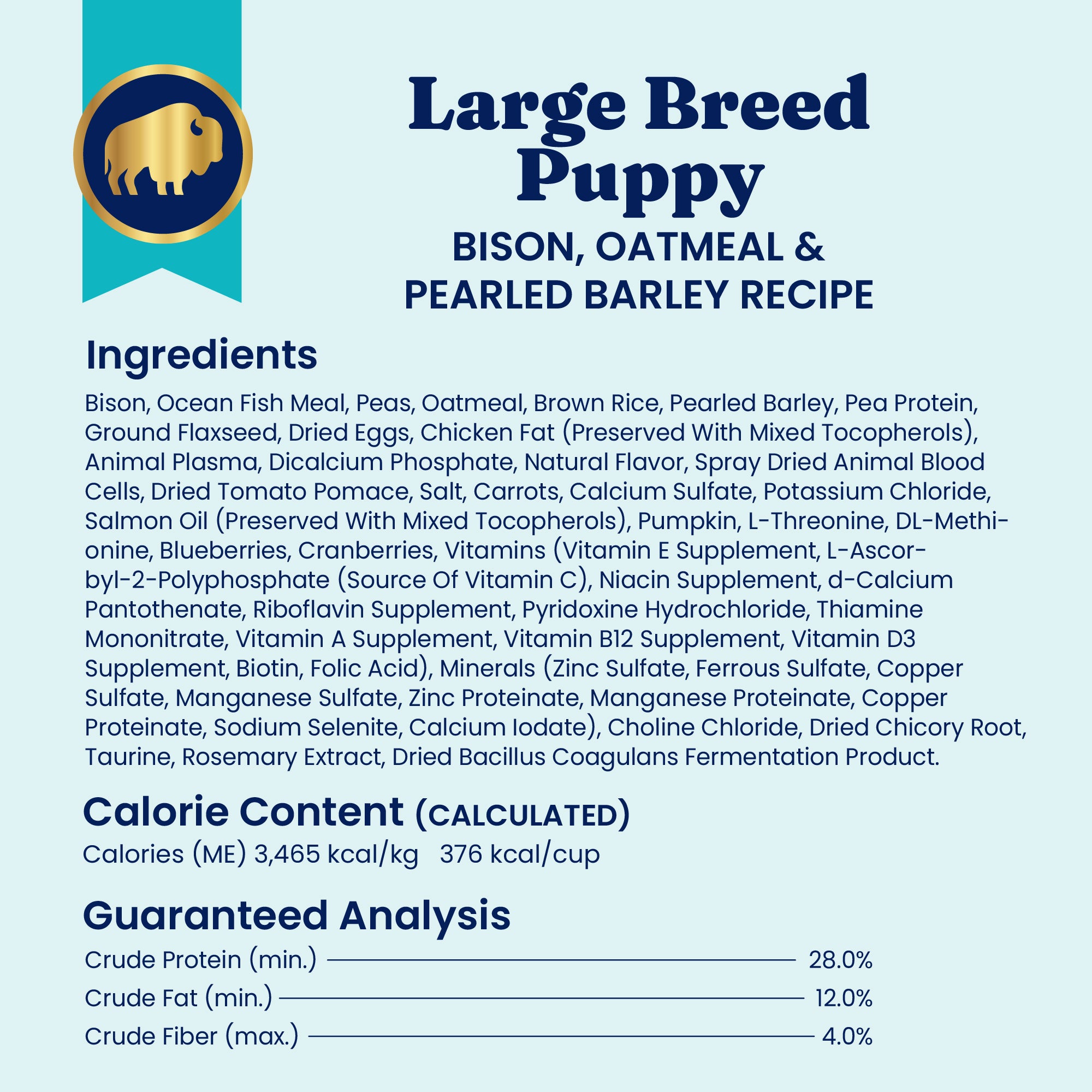 Nutritional information for large breed puppy food, including ingredients and guaranteed analysis.