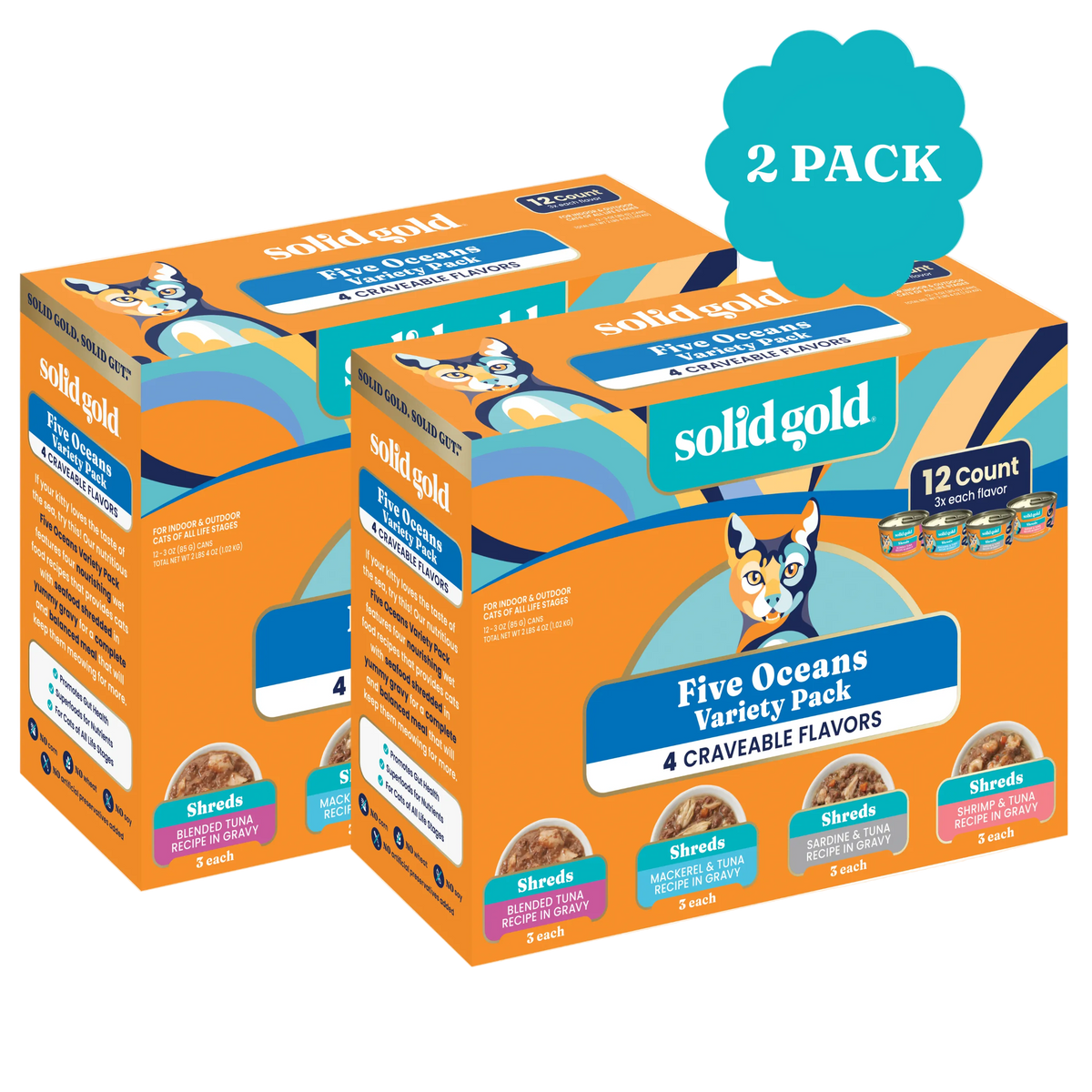 Two boxes of Five Oceans wet food variety pack for cats, containing 12 cans with four different flavors.